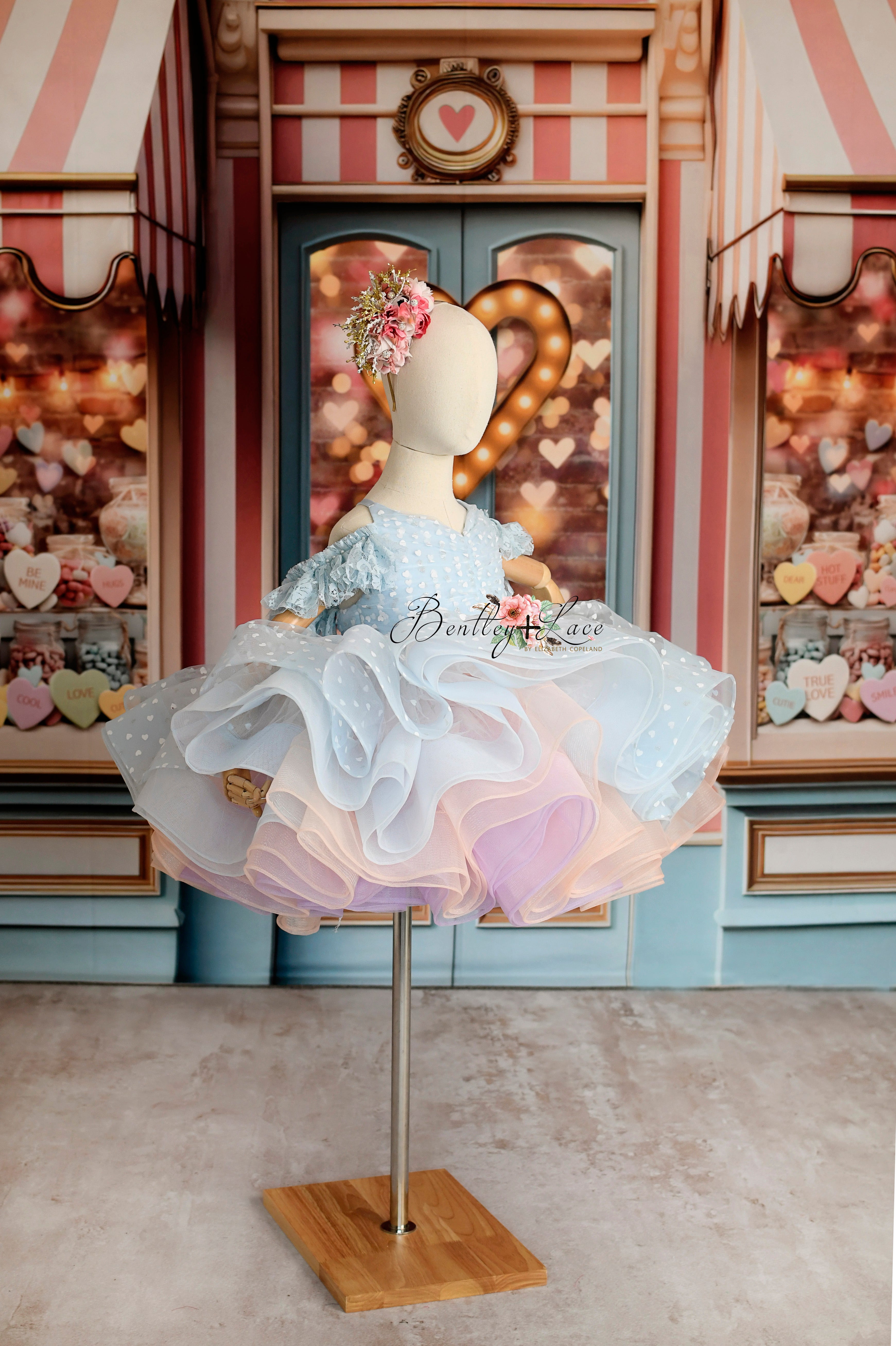 Sweet Talk - Blue Hearts + detachable skirt- petal length dress (6 Year - 7 Year up to a petite 8 year)