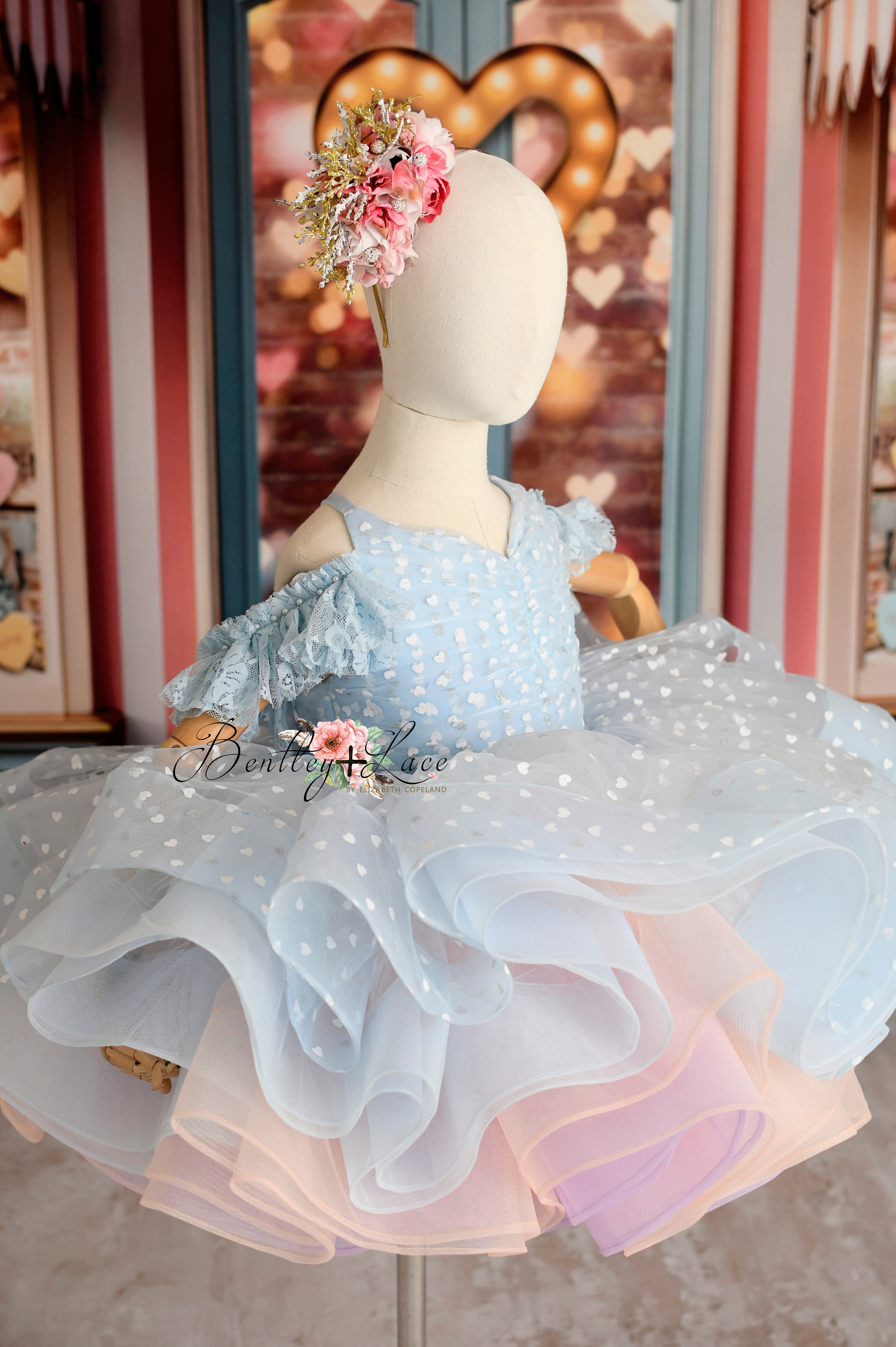 Sweet Talk - Blue Hearts + detachable skirt- petal length dress (6 Year - 7 Year up to a petite 8 year)