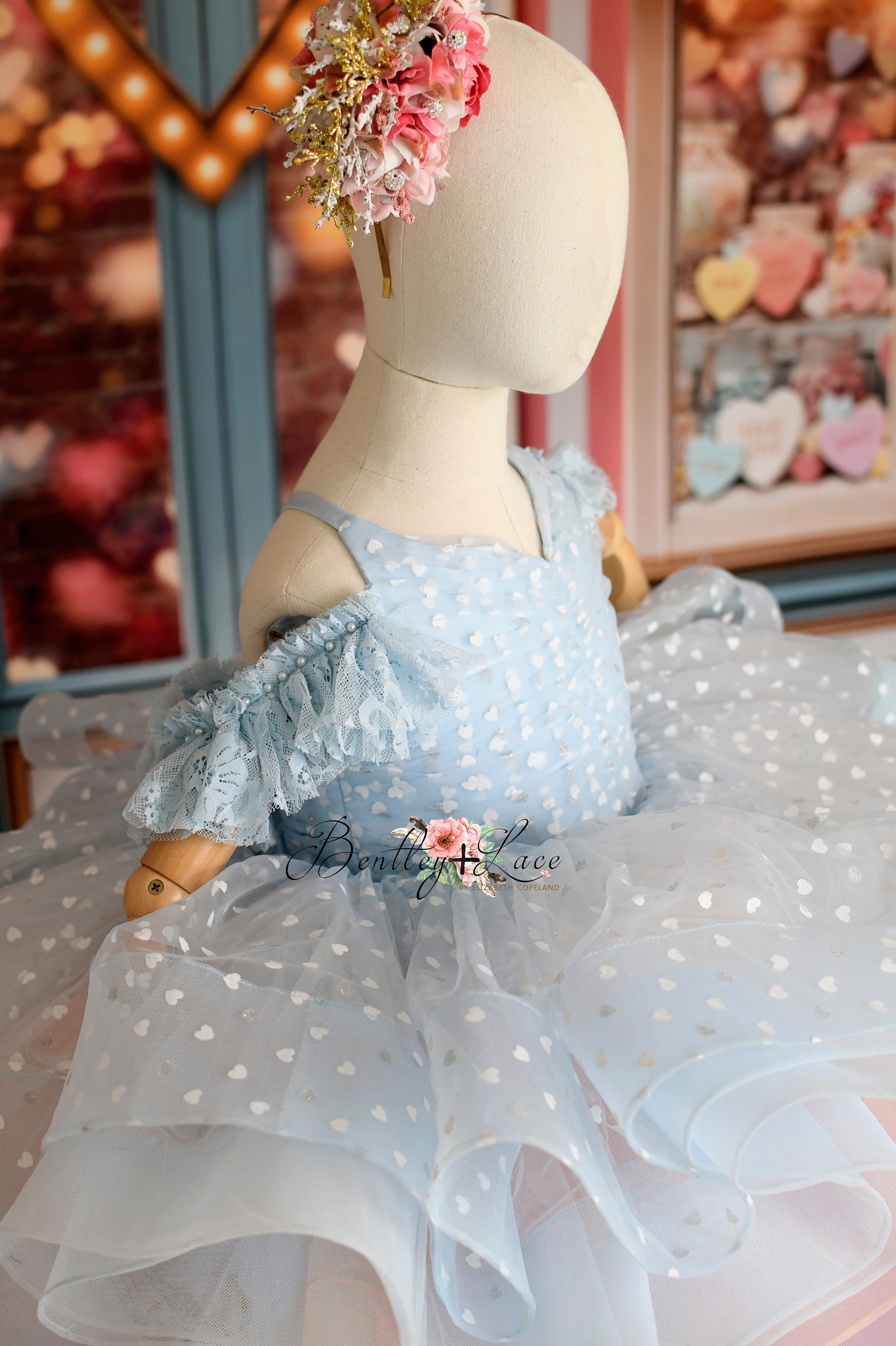Sweet Talk - Blue Hearts + detachable skirt- petal length dress (6 Year - 7 Year up to a petite 8 year)