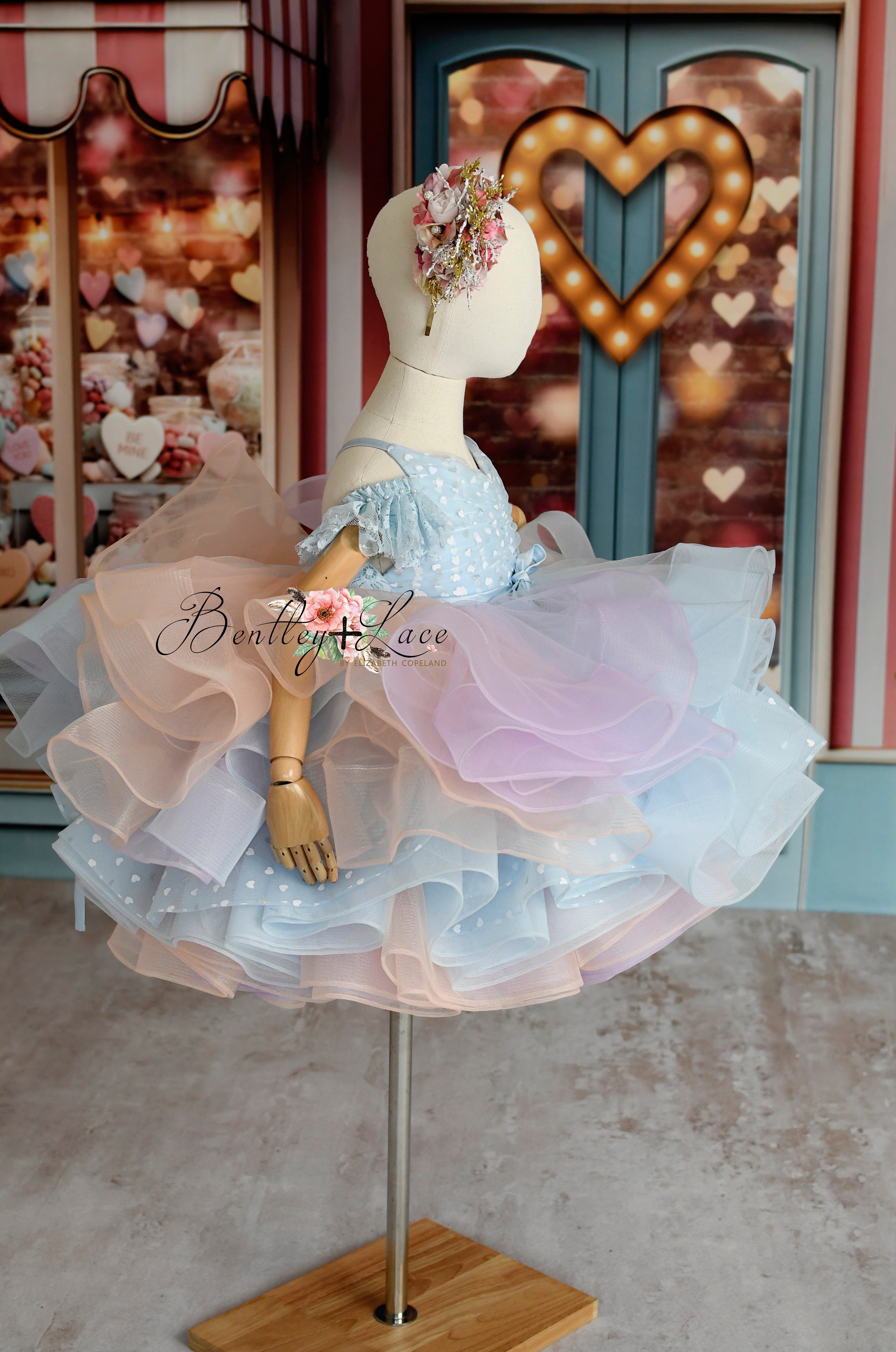 Sweet Talk - Blue Hearts + detachable skirt- petal length dress (6 Year - 7 Year up to a petite 8 year)