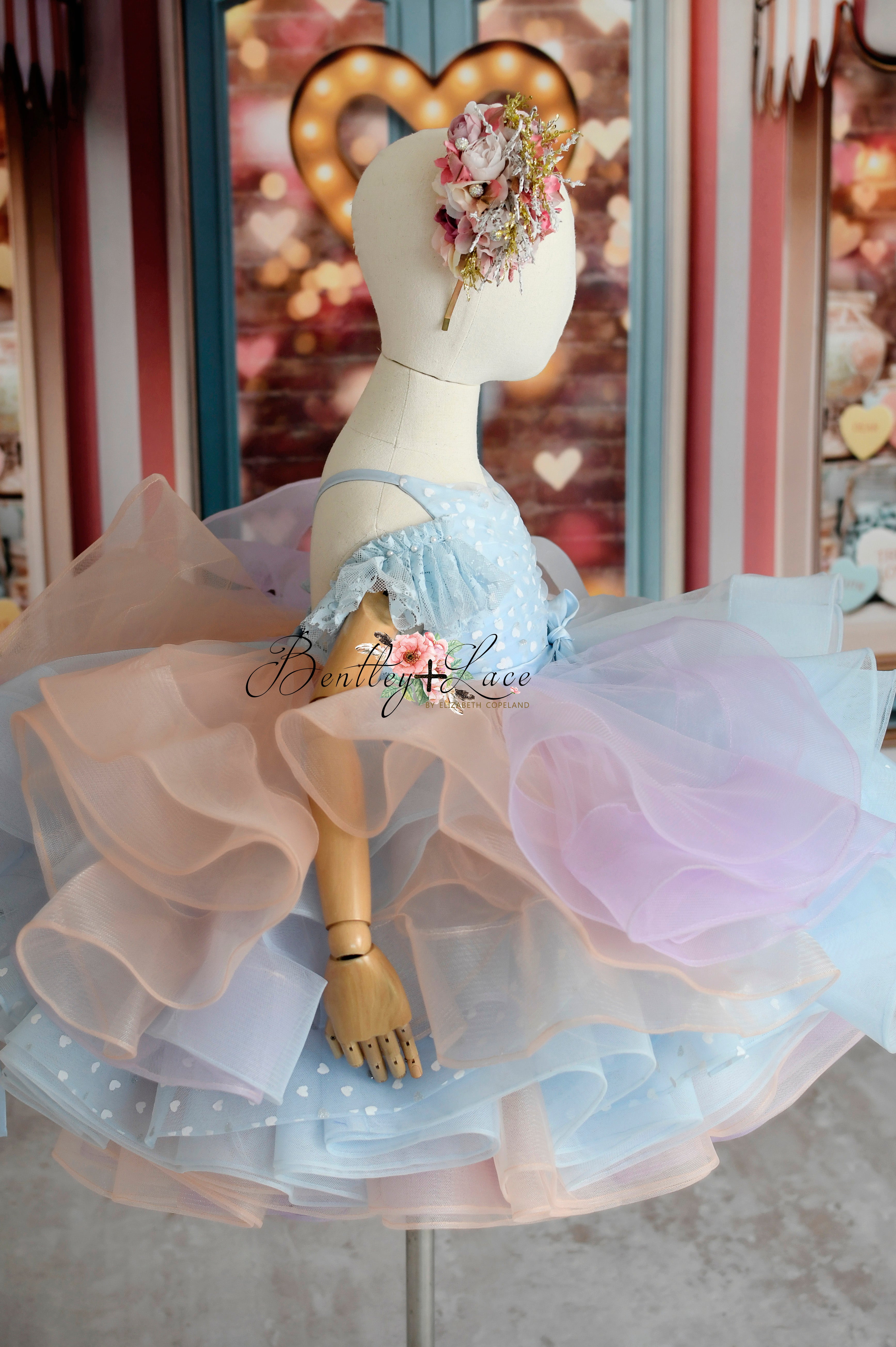 Sweet Talk - Blue Hearts + detachable skirt- petal length dress (6 Year - 7 Year up to a petite 8 year)