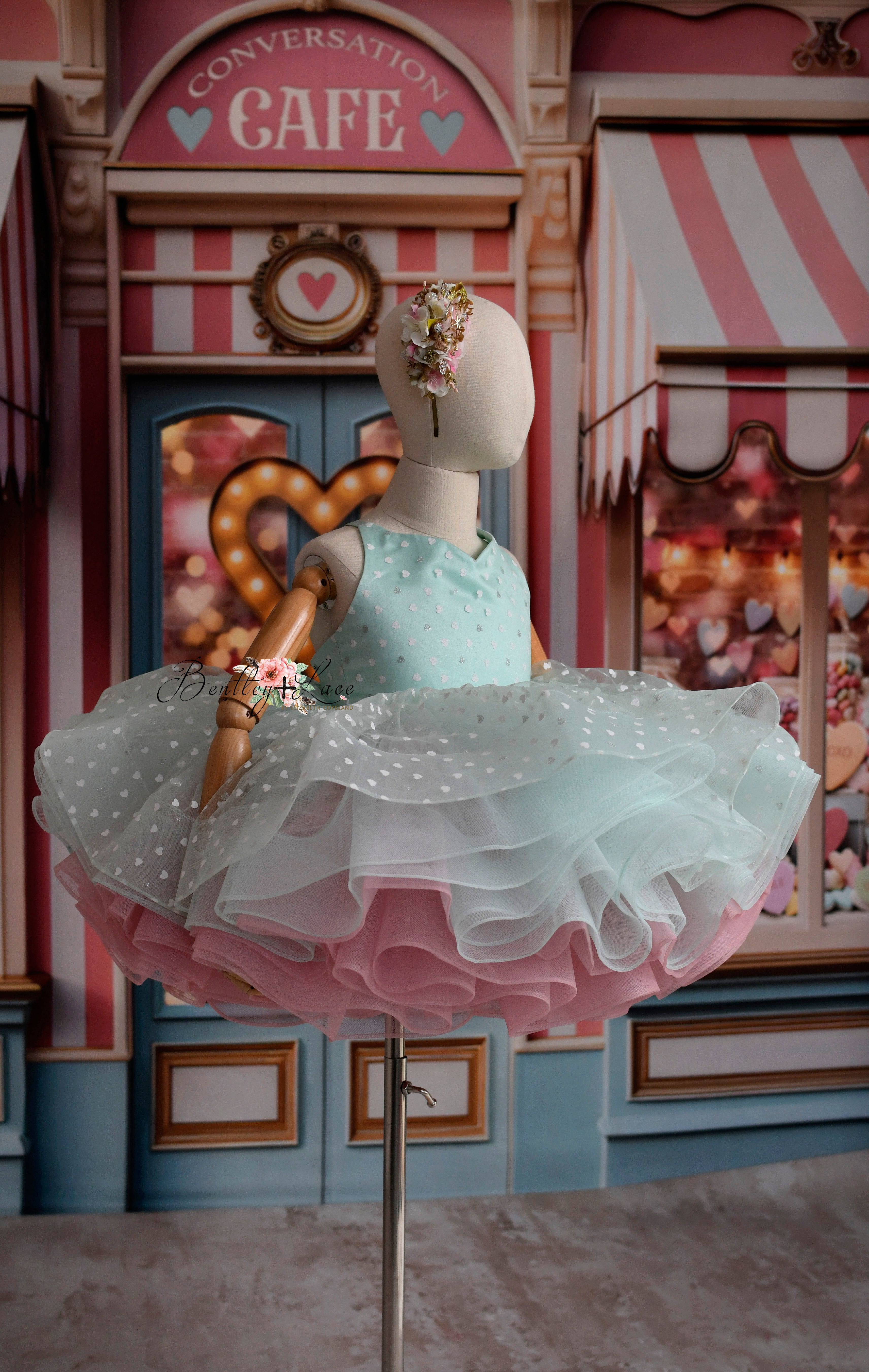 Sweet Talk - Seafoam Hearts- petal length dress+ Heart CAPE (5 Year - 6 Year up to a petite 7 year)