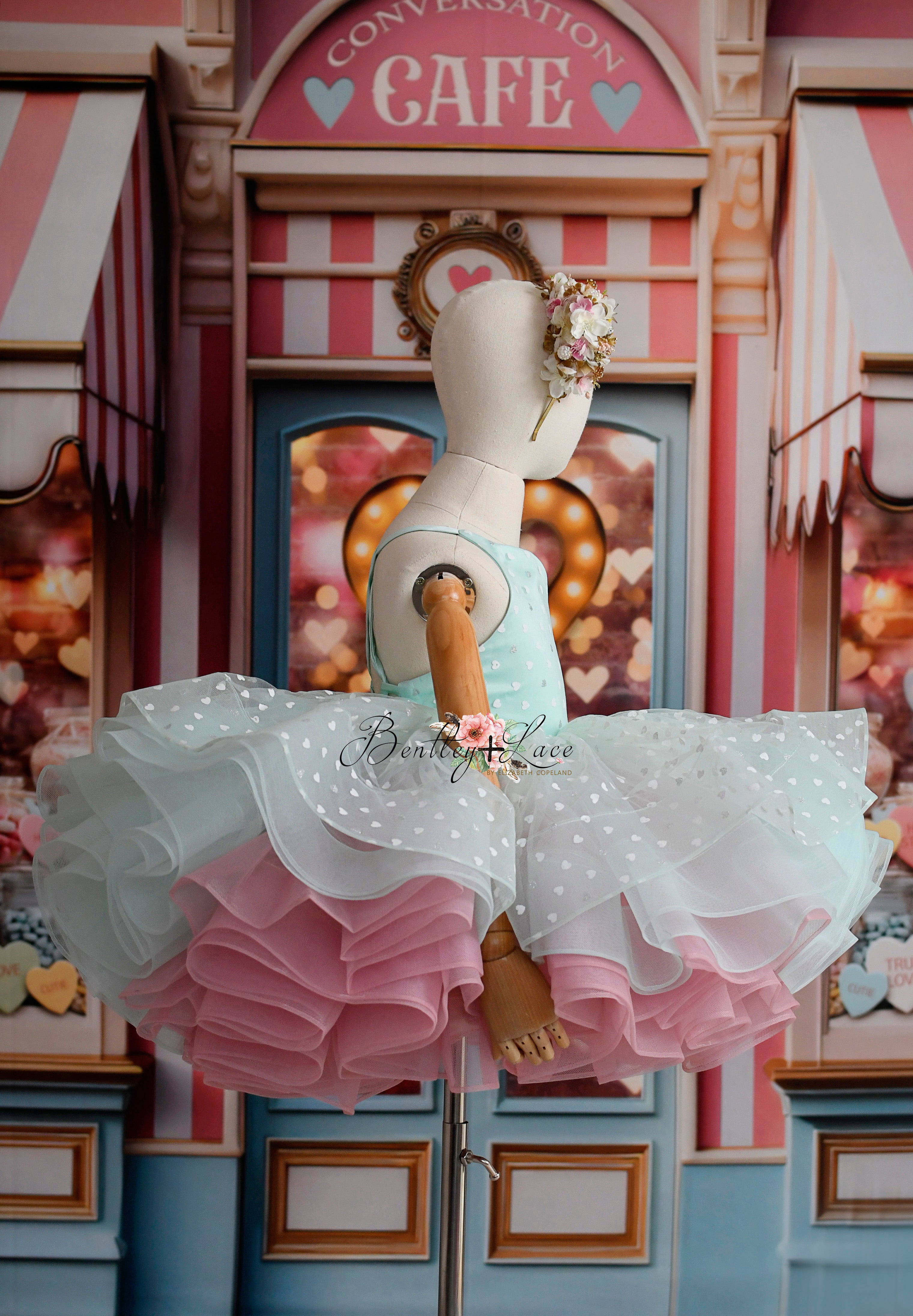 Sweet Talk - Seafoam Hearts- petal length dress+ Heart CAPE (5 Year - 6 Year up to a petite 7 year)