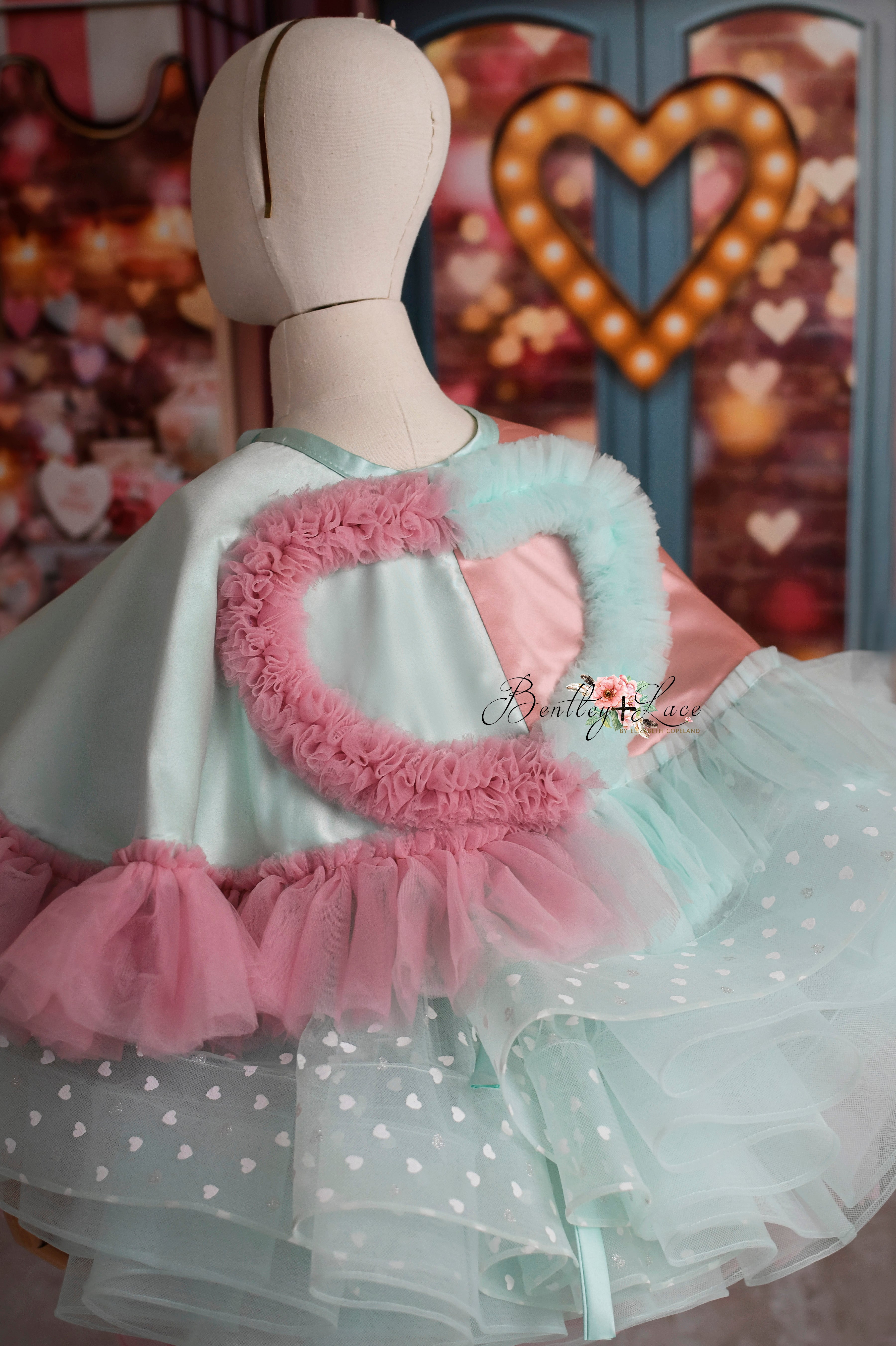 Sweet Talk - Seafoam Hearts- petal length dress+ Heart CAPE (5 Year - 6 Year up to a petite 7 year)