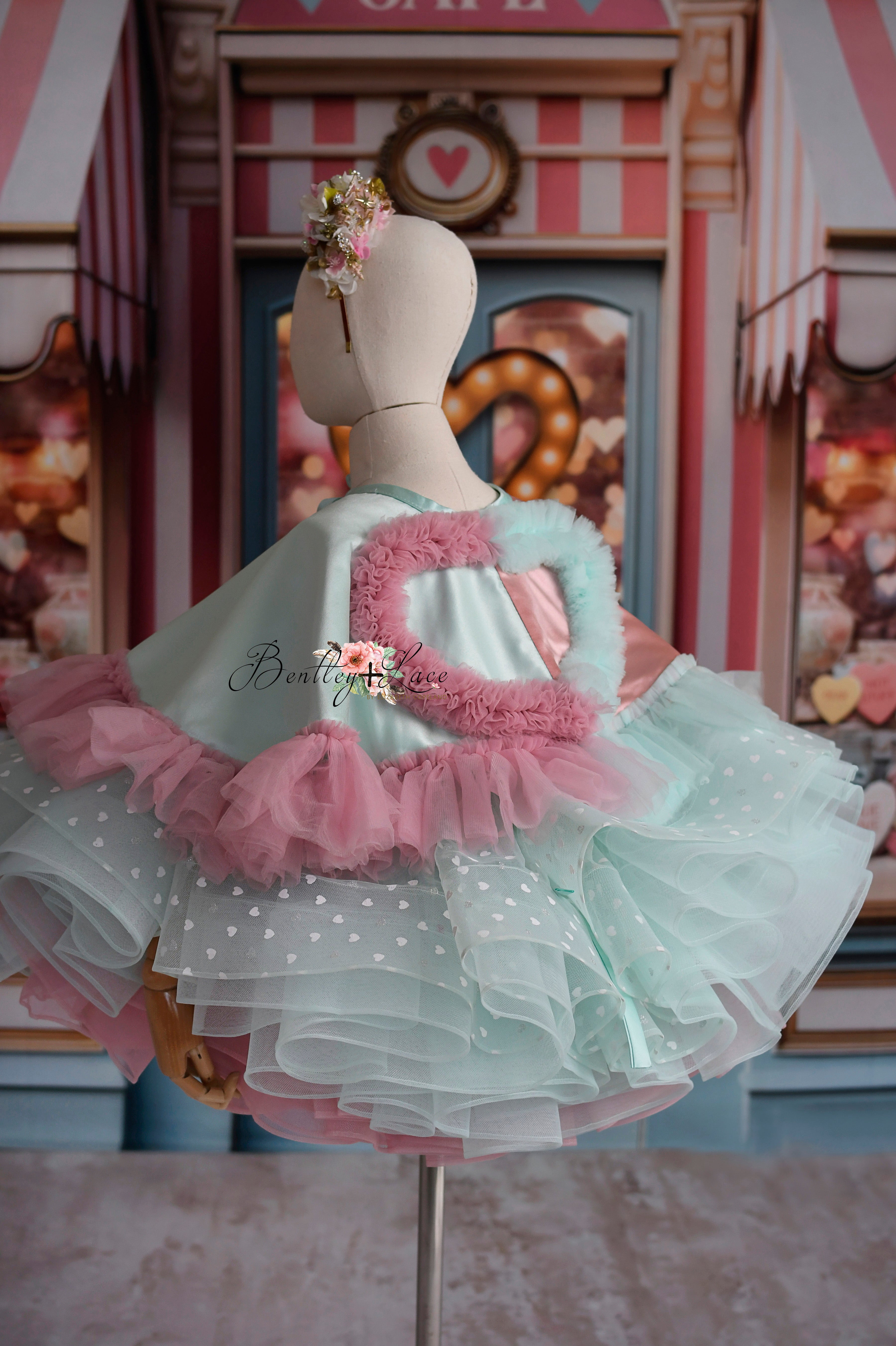 Sweet Talk - Seafoam Hearts- petal length dress+ Heart CAPE (5 Year - 6 Year up to a petite 7 year)