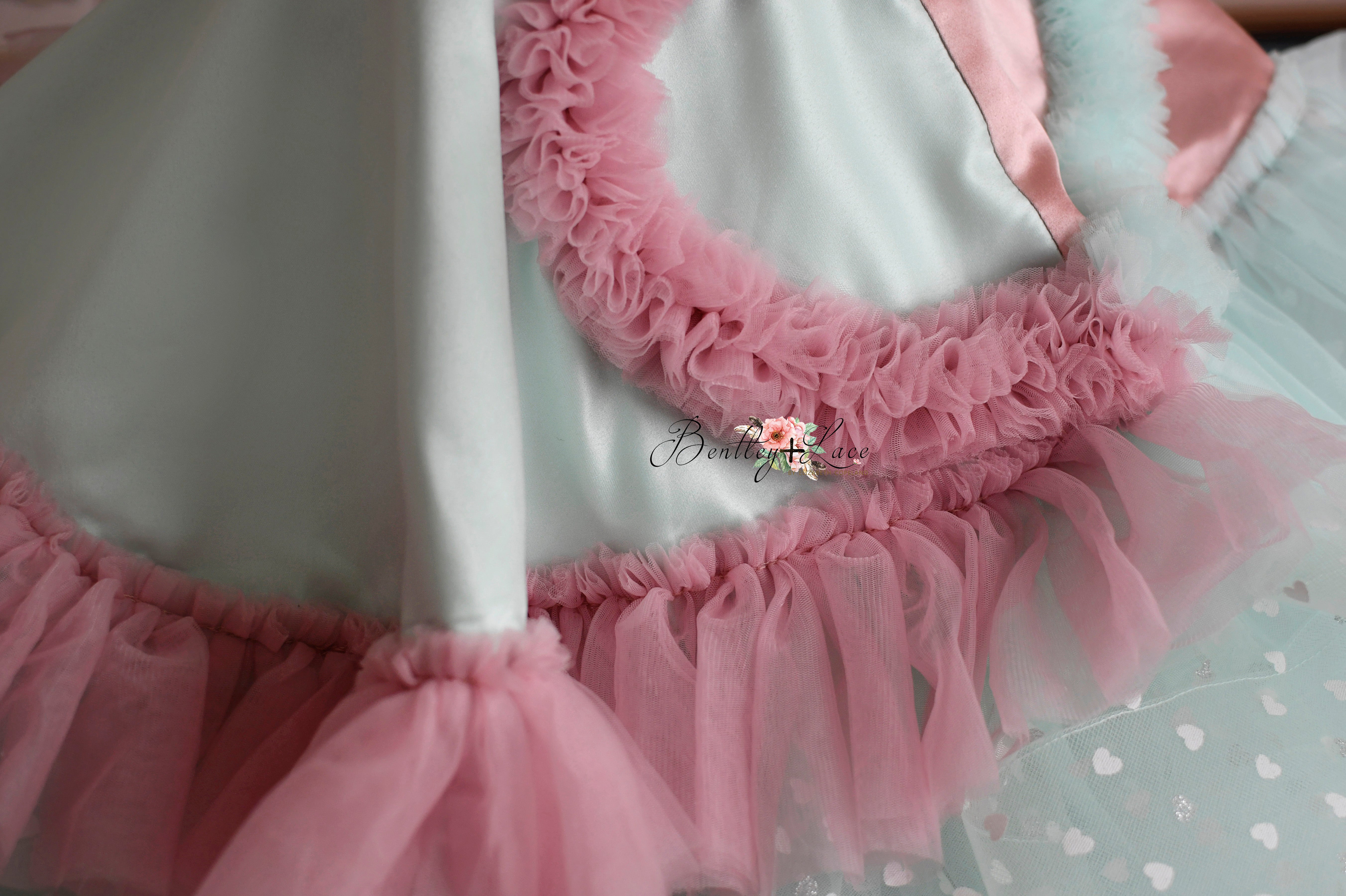 Sweet Talk - Seafoam Hearts- petal length dress+ Heart CAPE (5 Year - 6 Year up to a petite 7 year)