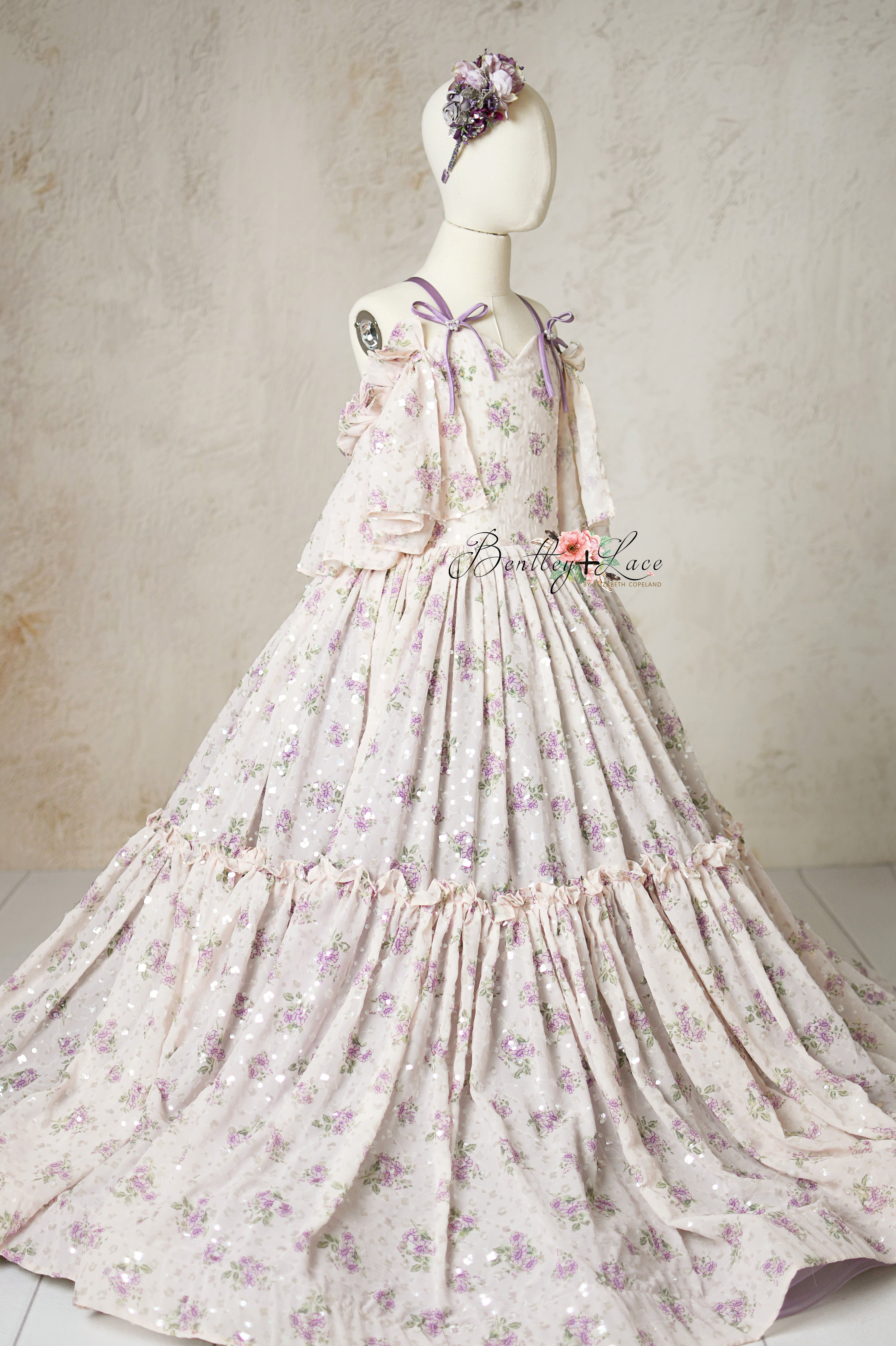 Front view of Whispering Serenade green and lavender tulle gown for photography sessions.