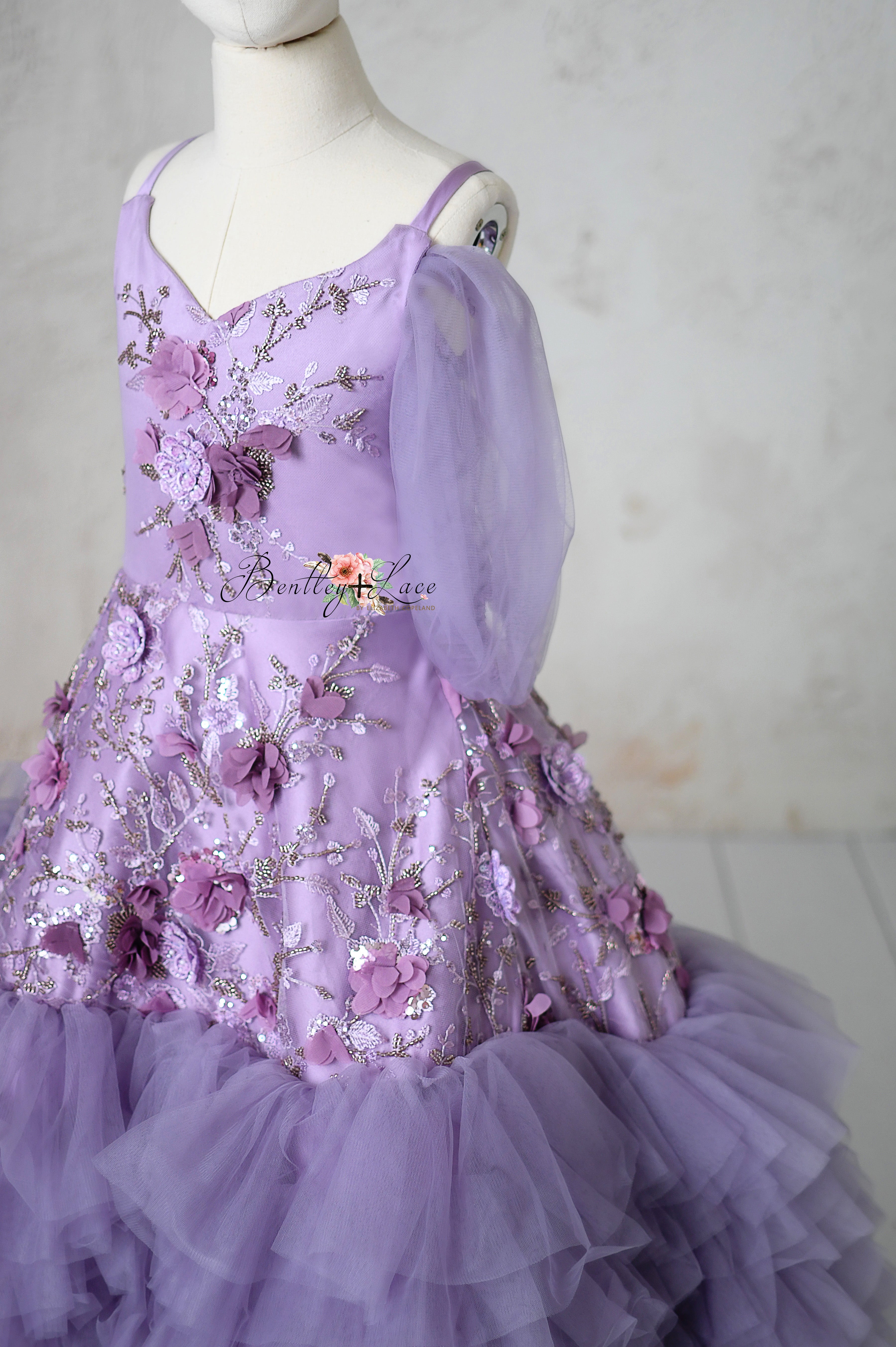Detachable puff sleeves with lavender tulle for the Violet Grace gown.
