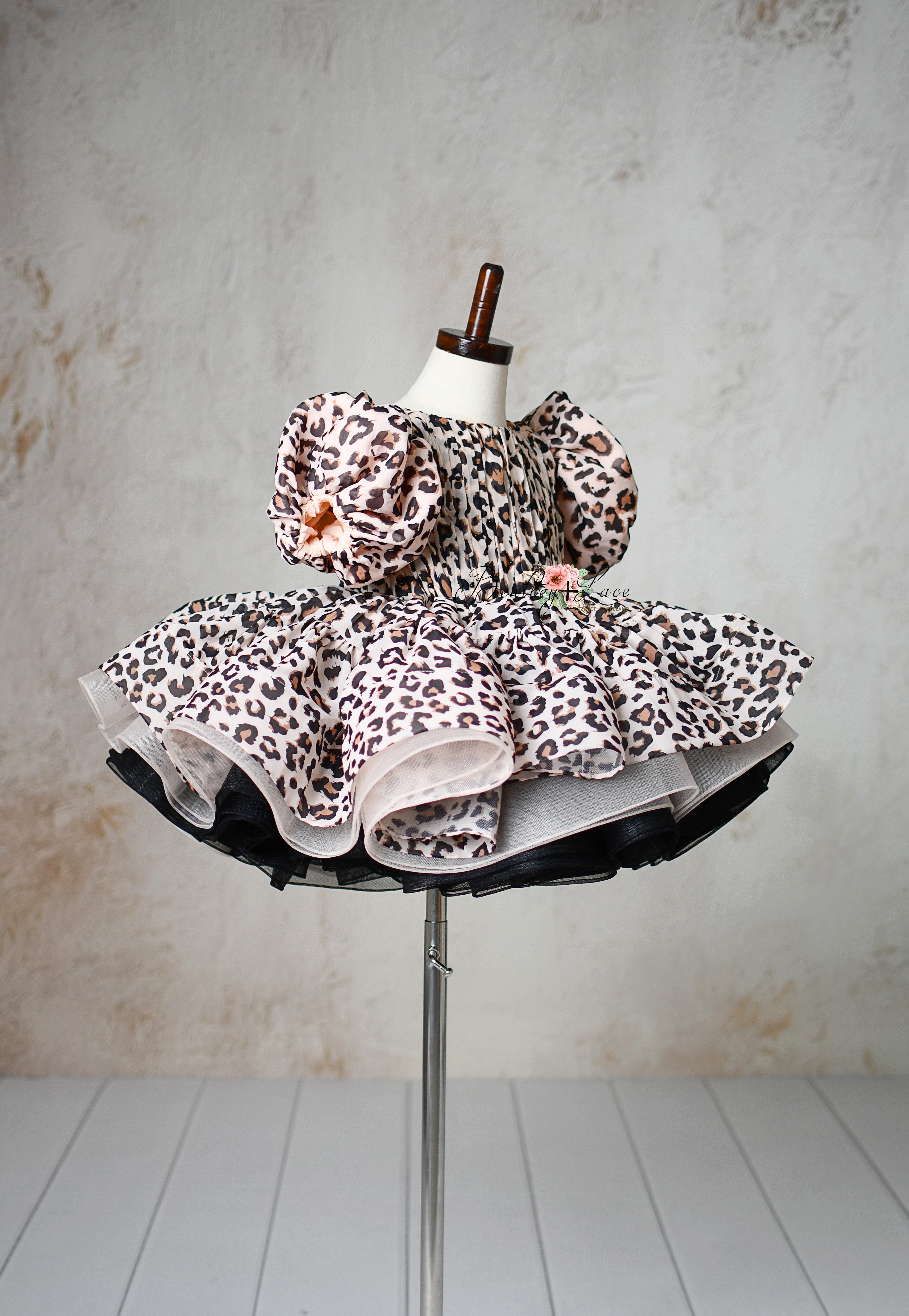 "Wild Whimsy" Leopard Print Petal-Length Dress with Removable Puff Sleeves for Photography & Special Occasions