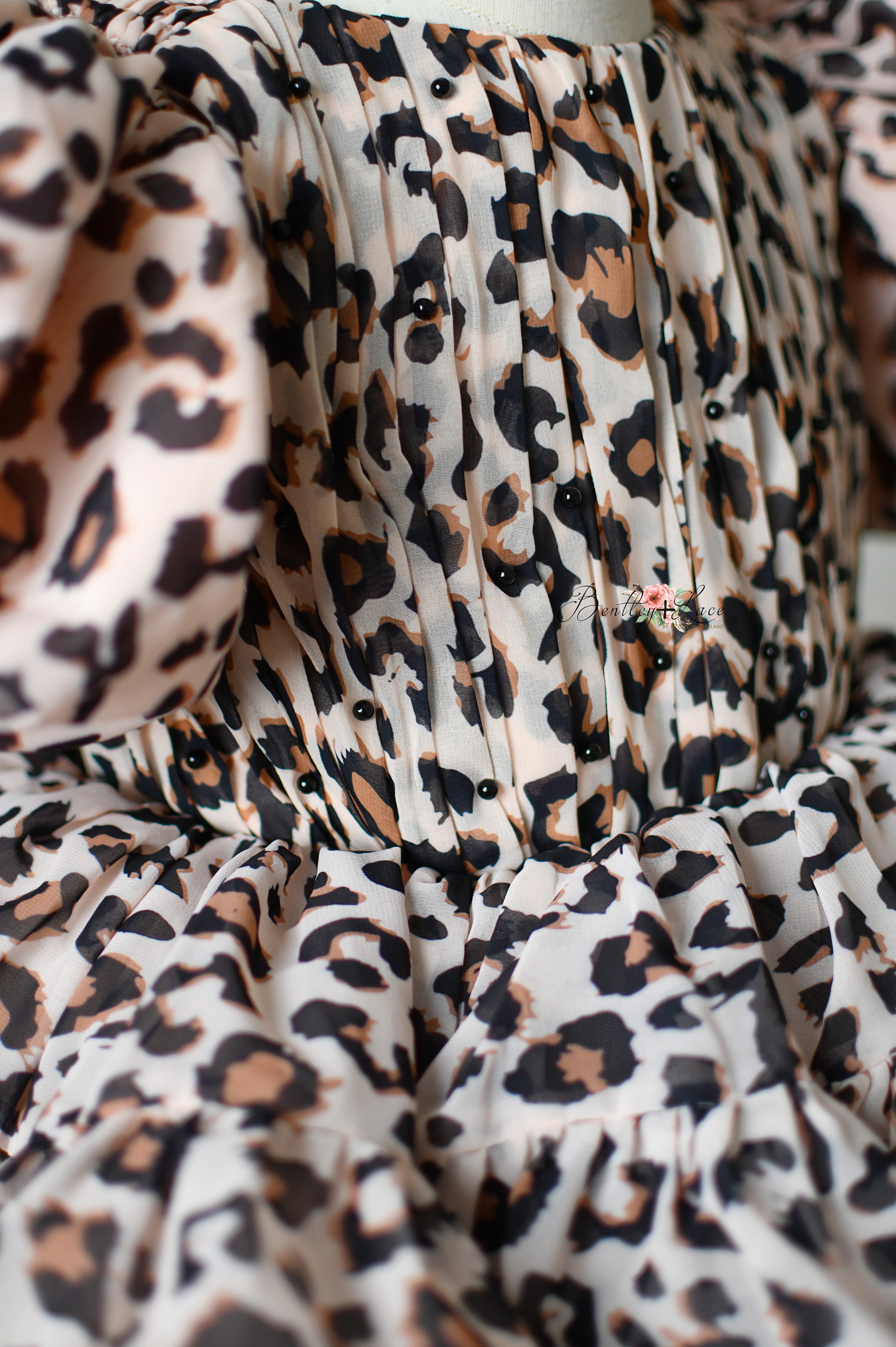"Wild Whimsy" Leopard Print Petal-Length Dress with Removable Puff Sleeves for Photography & Special Occasions