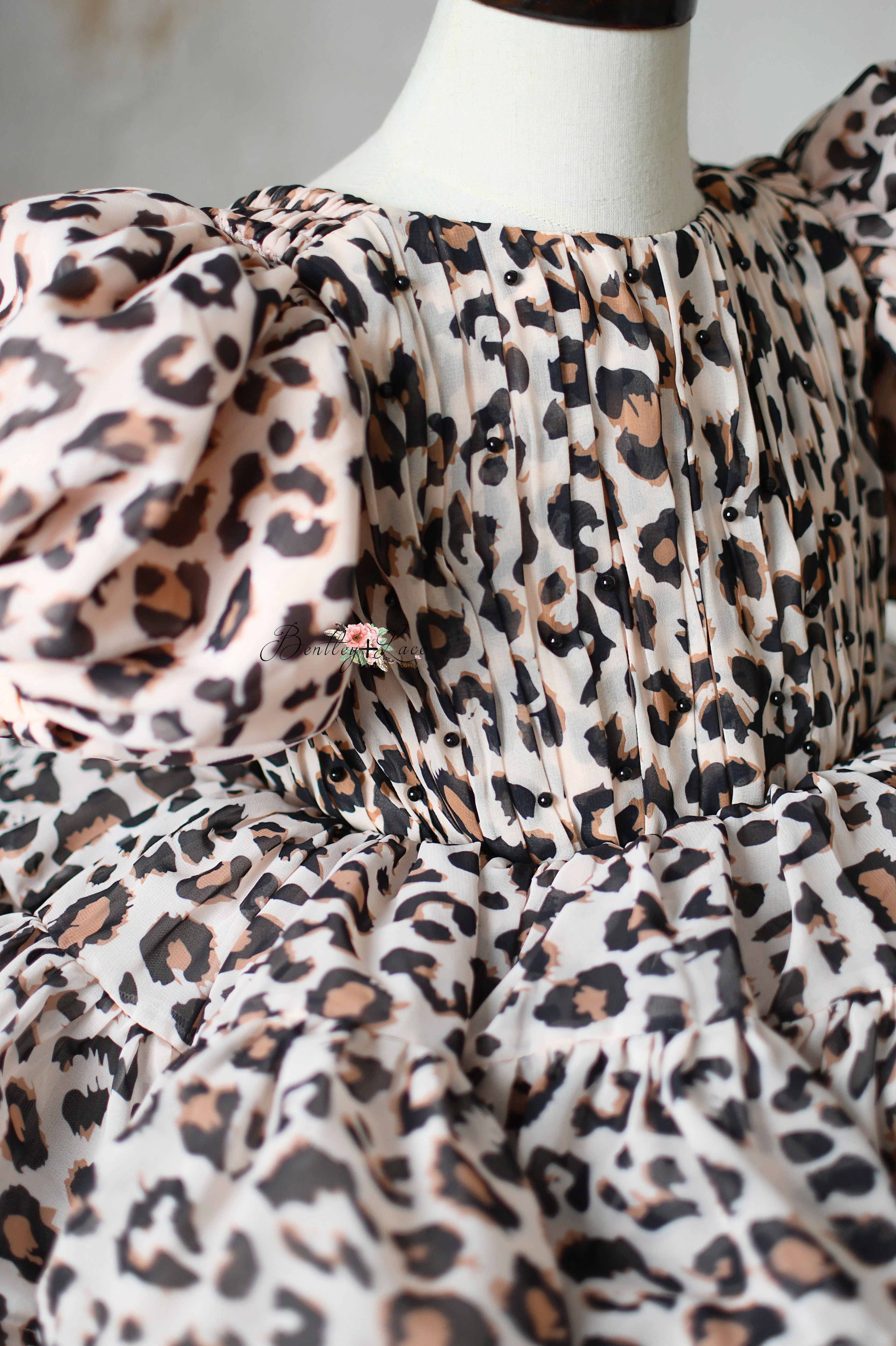 "Wild Whimsy" Leopard Print Petal-Length Dress with Removable Puff Sleeves for Photography & Special Occasions