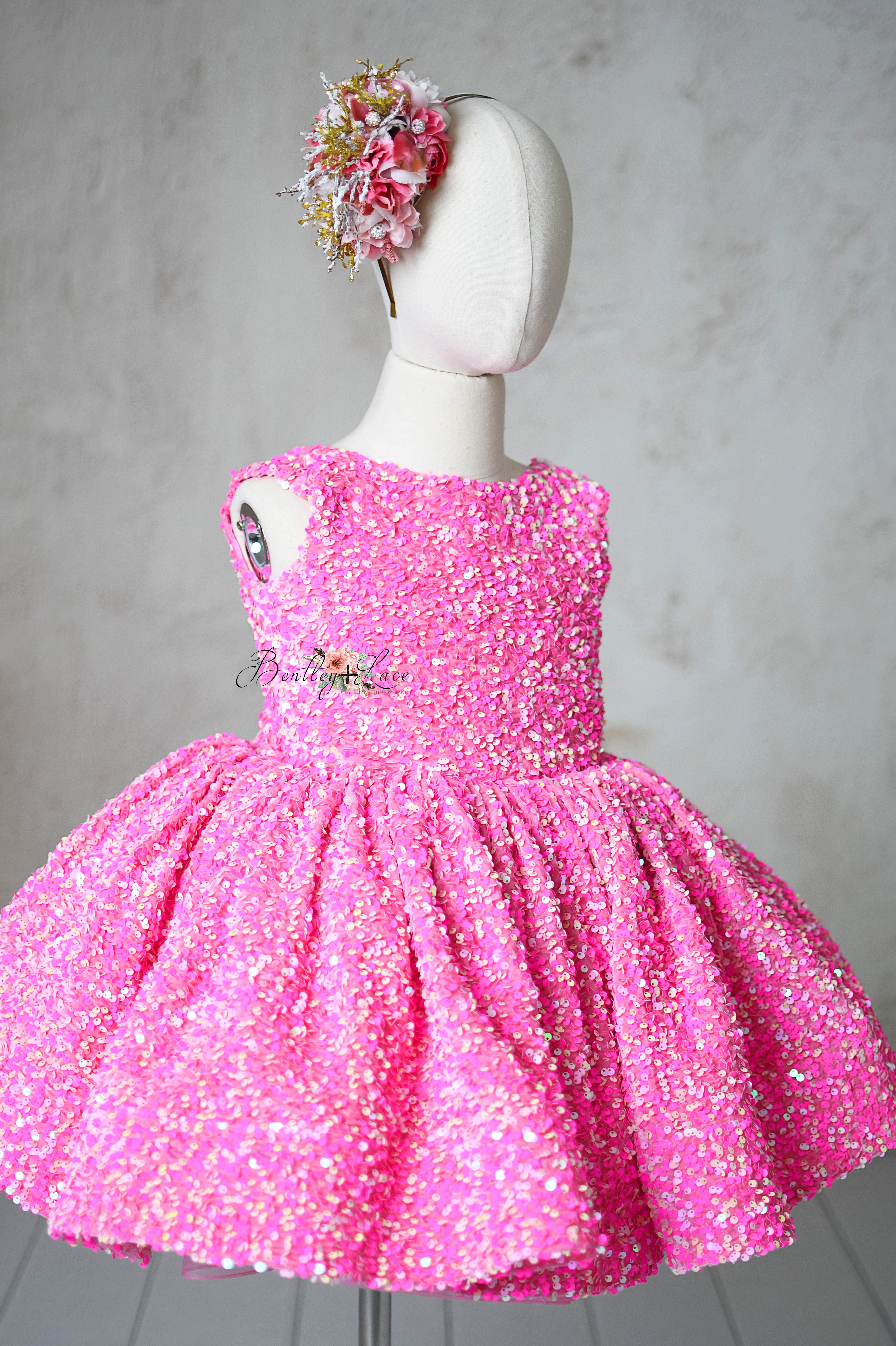 Retro Velvet Glam Pink Candy Sequin Petal Gown with Detachable Sleeves and Hair Bow – Couture Editorial Dress for Special Occasions