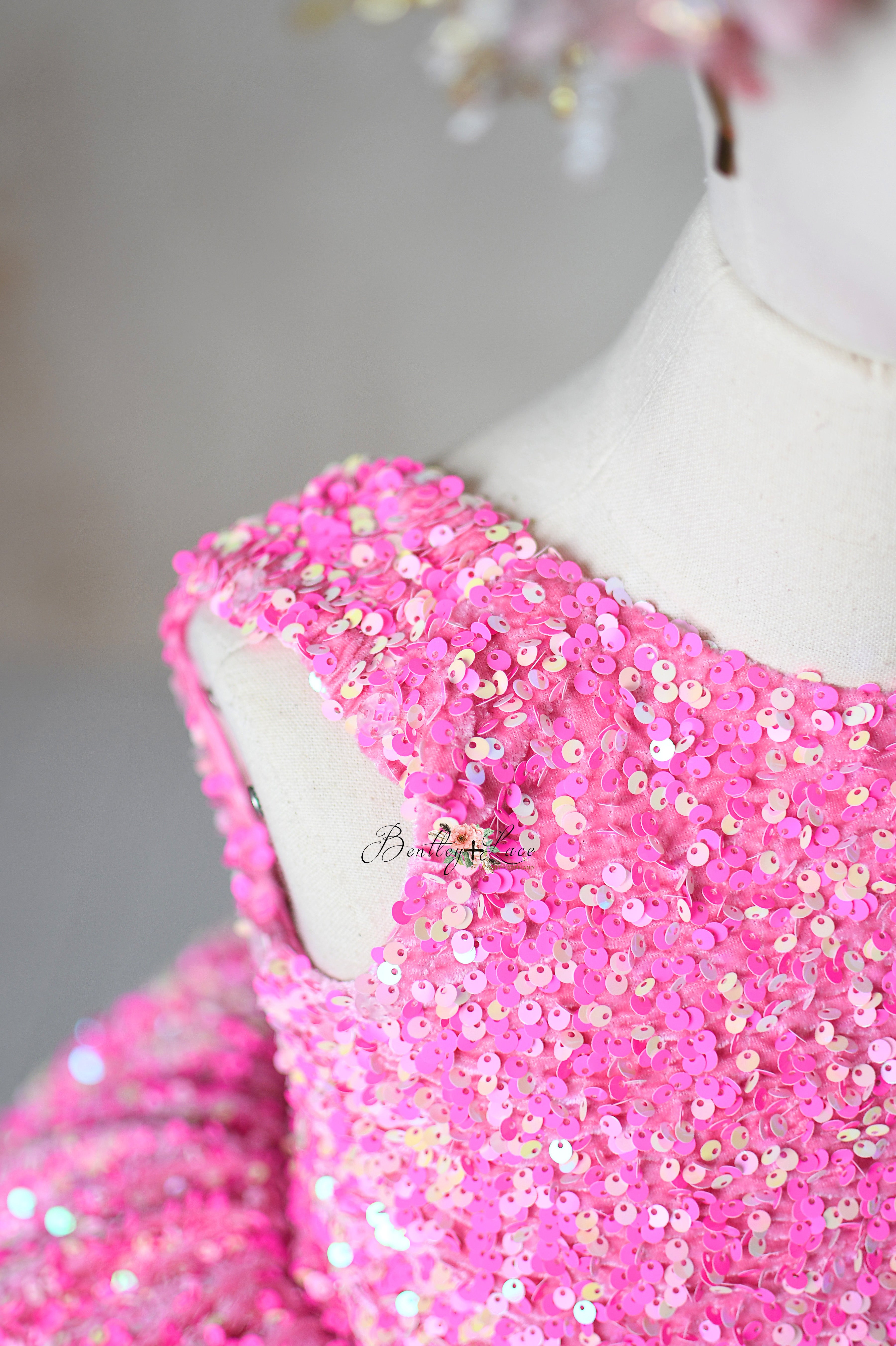 Retro Velvet Glam Pink Candy Sequin Petal Gown with Detachable Sleeves and Hair Bow – Couture Editorial Dress for Special Occasions