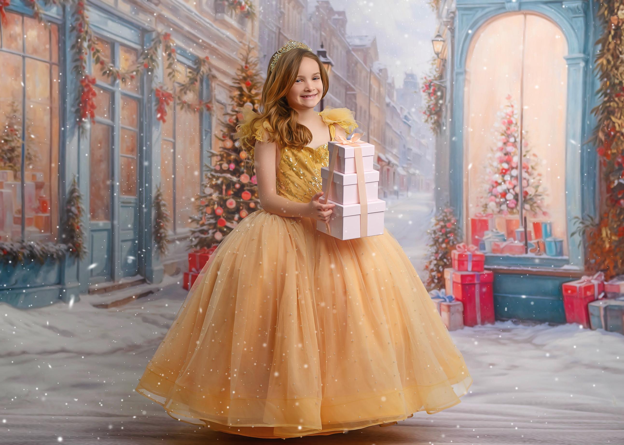 girl wearing a sparkly gold gown with pearls for holiday photo shoot.