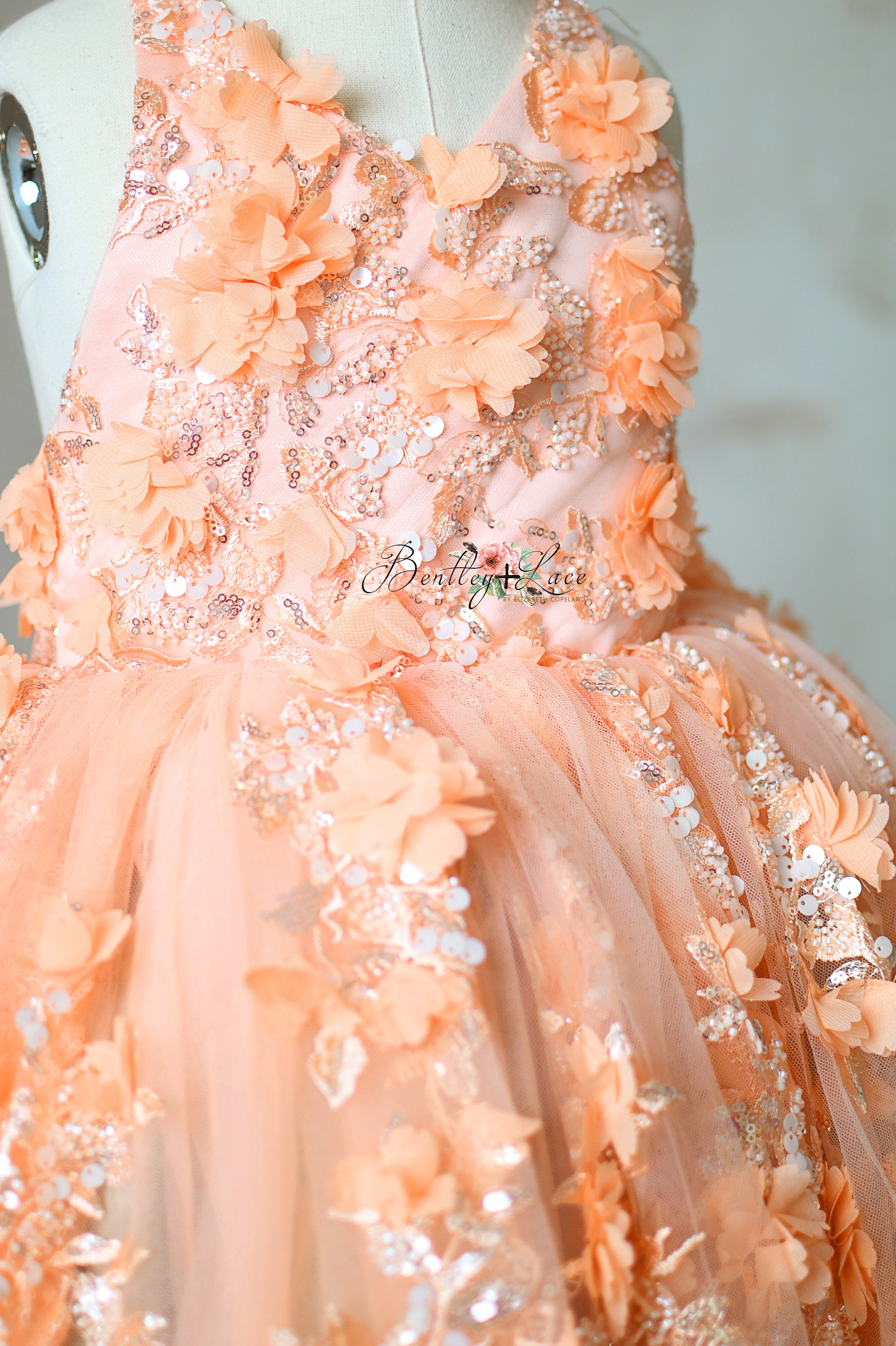 "Detailed shot of the 'Peach Blossom' vintage dress with soft peach tones, floral embroidery, and petal-length skirt."