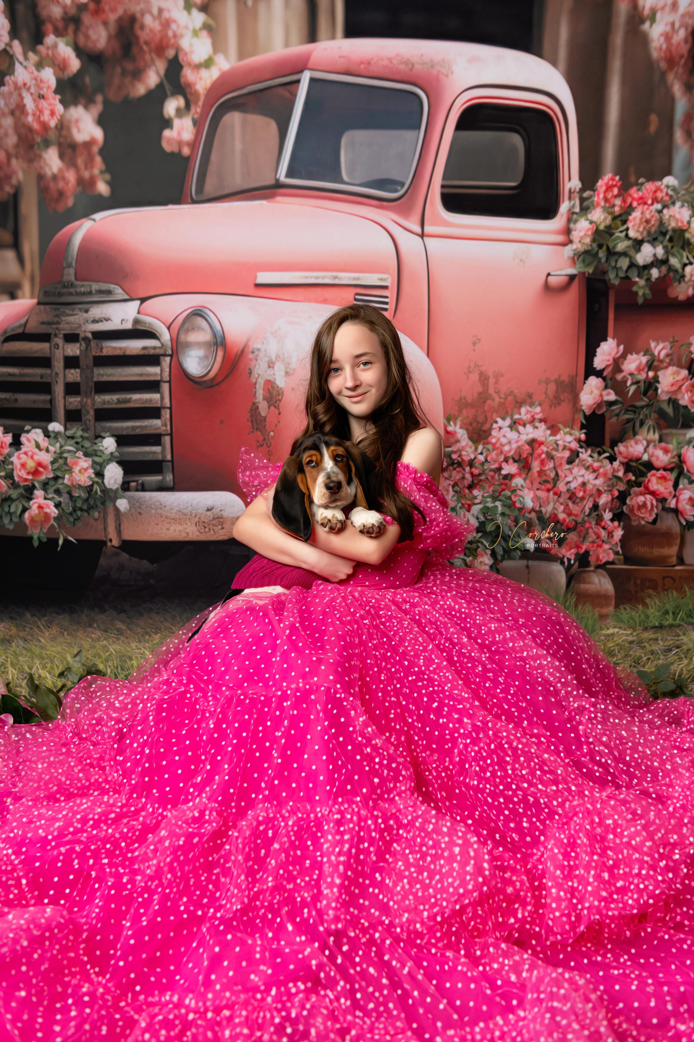 Swish Dots Couture Gown -pink- Floor length dress+Wristlets   (8 Year - 9 Year up to a petite 10 year)