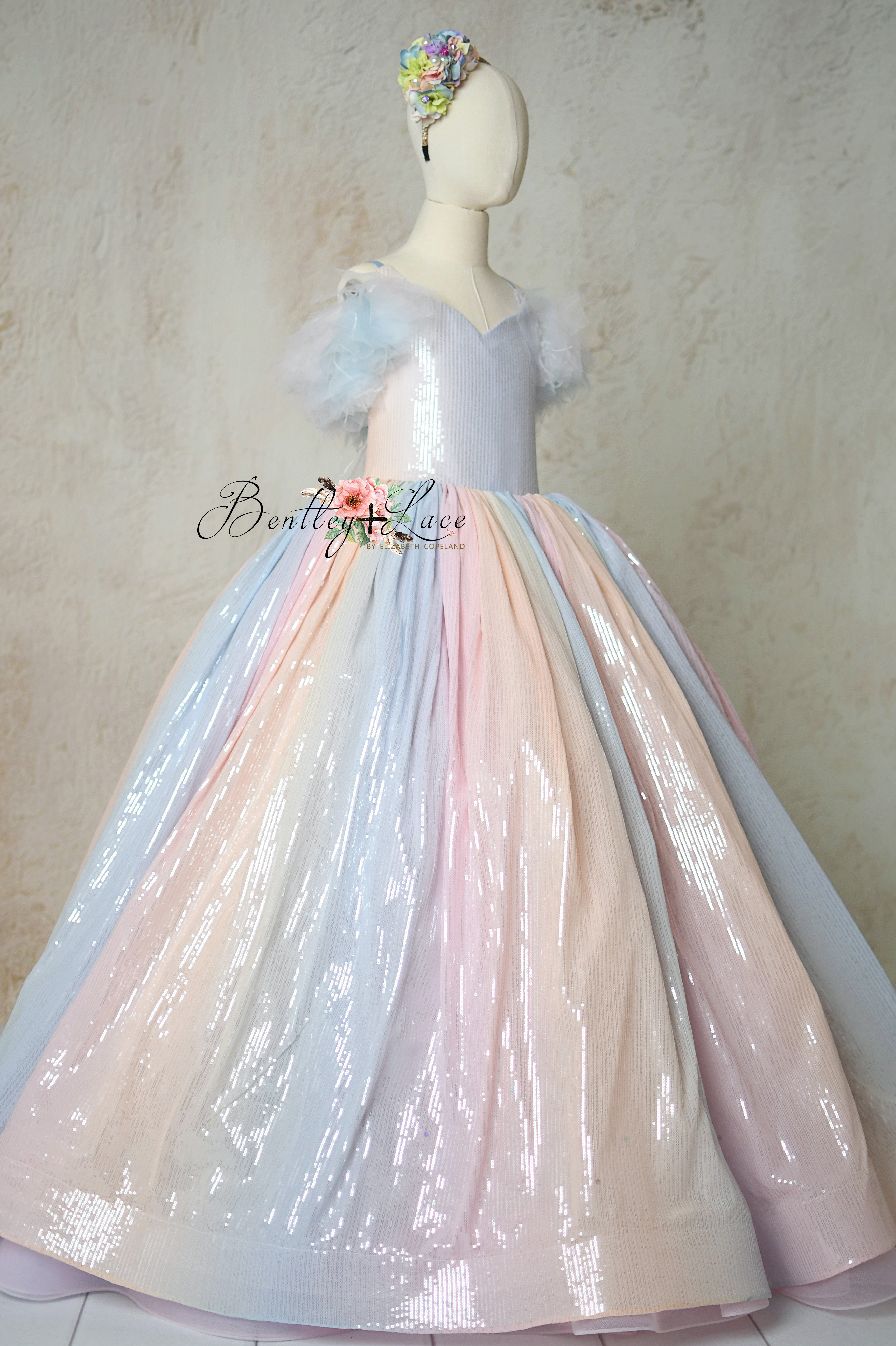 Full view of Aurora Gleam floor-length gown with detachable tulle sleeves in pastel ombré design.