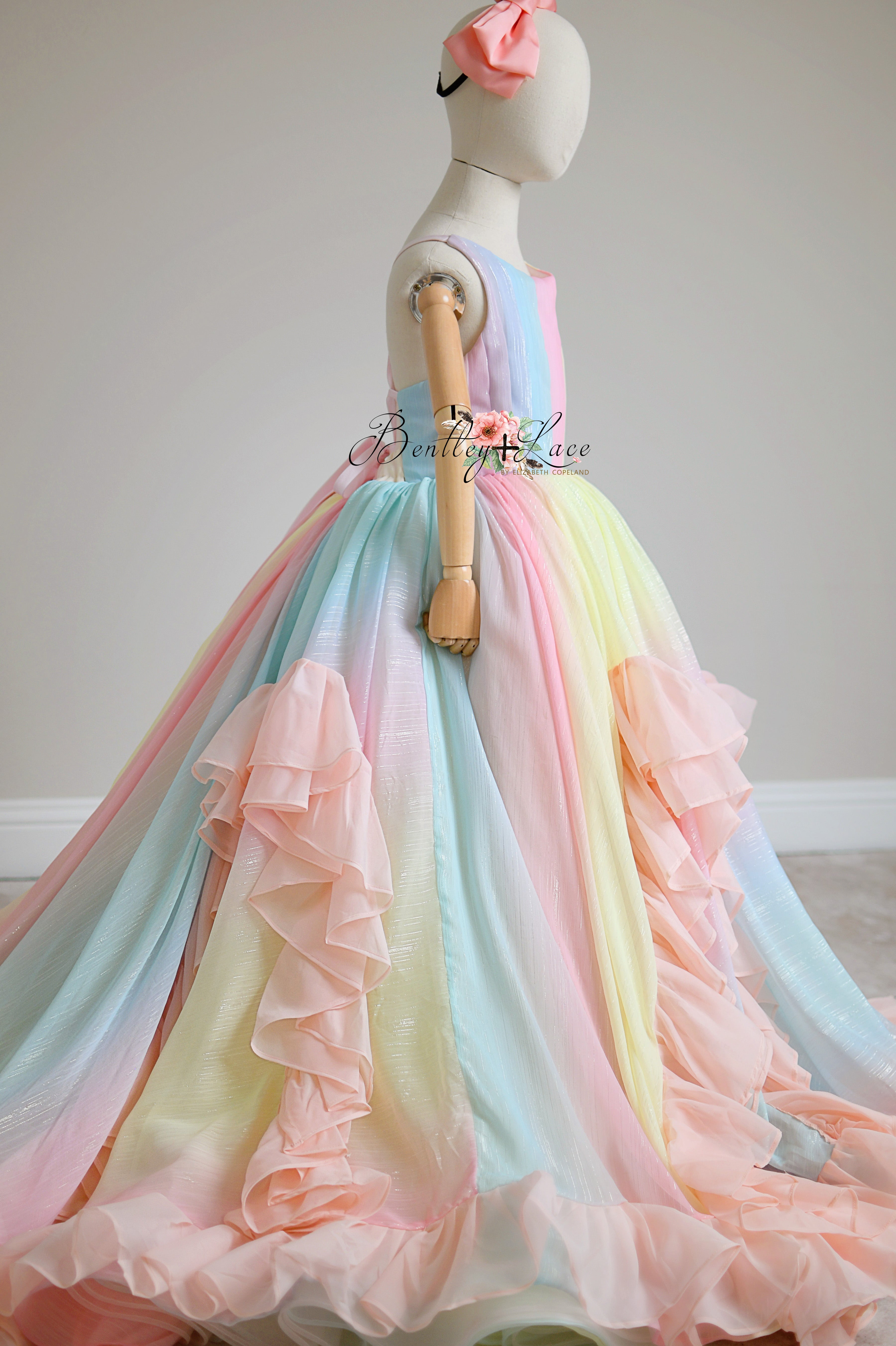 Couture Rental Gown "Petal Whispers" Pastel - Floor Length Dress NO petals ( 6 Year - Petite 8 Year)