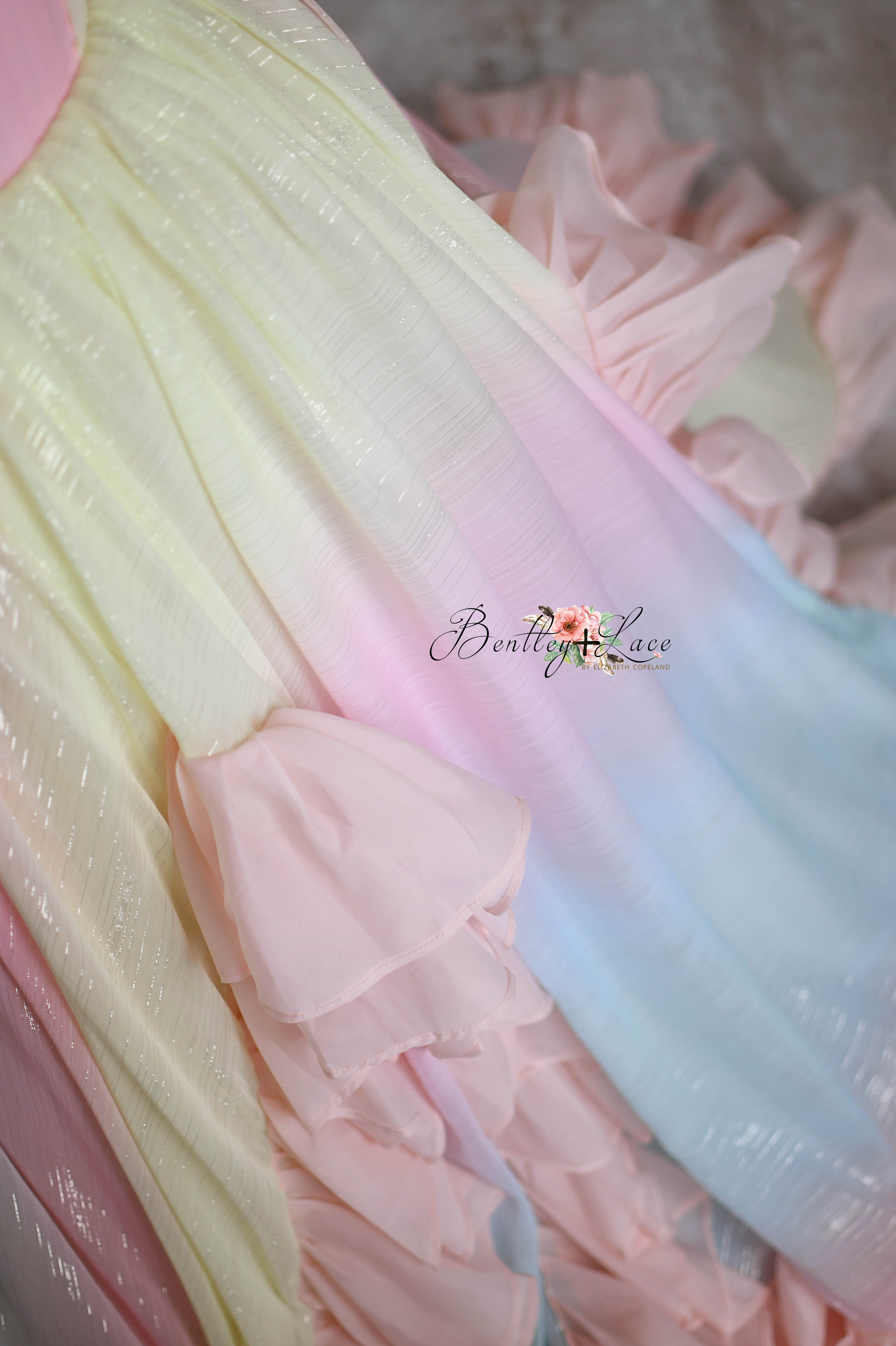 Couture Rental Gown "Petal Whispers" Pastel - Floor Length Dress NO petals ( 6 Year - Petite 8 Year)
