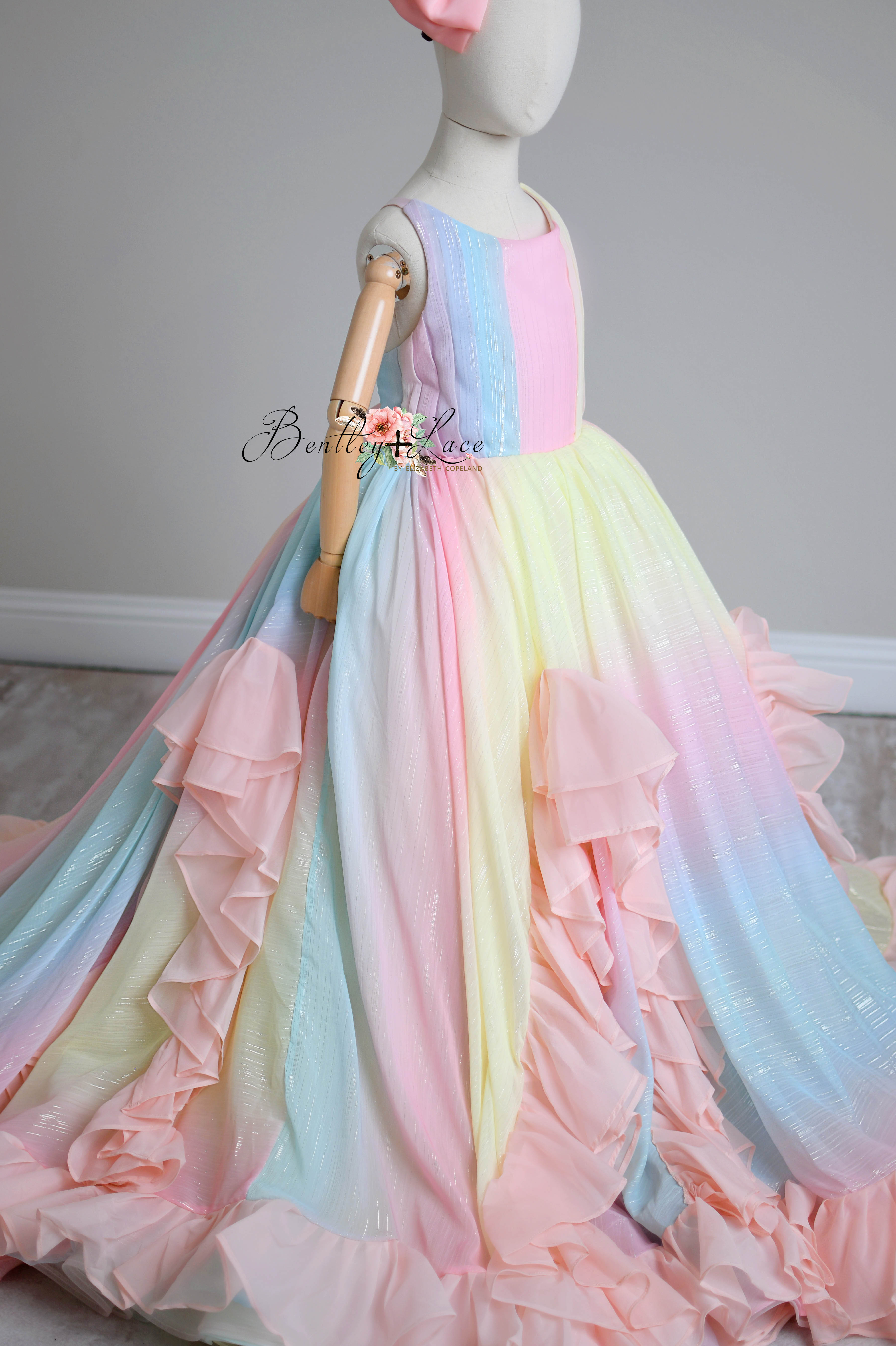 Couture Rental Gown "Petal Whispers" Pastel - Floor Length Dress NO petals ( 6 Year - Petite 8 Year)