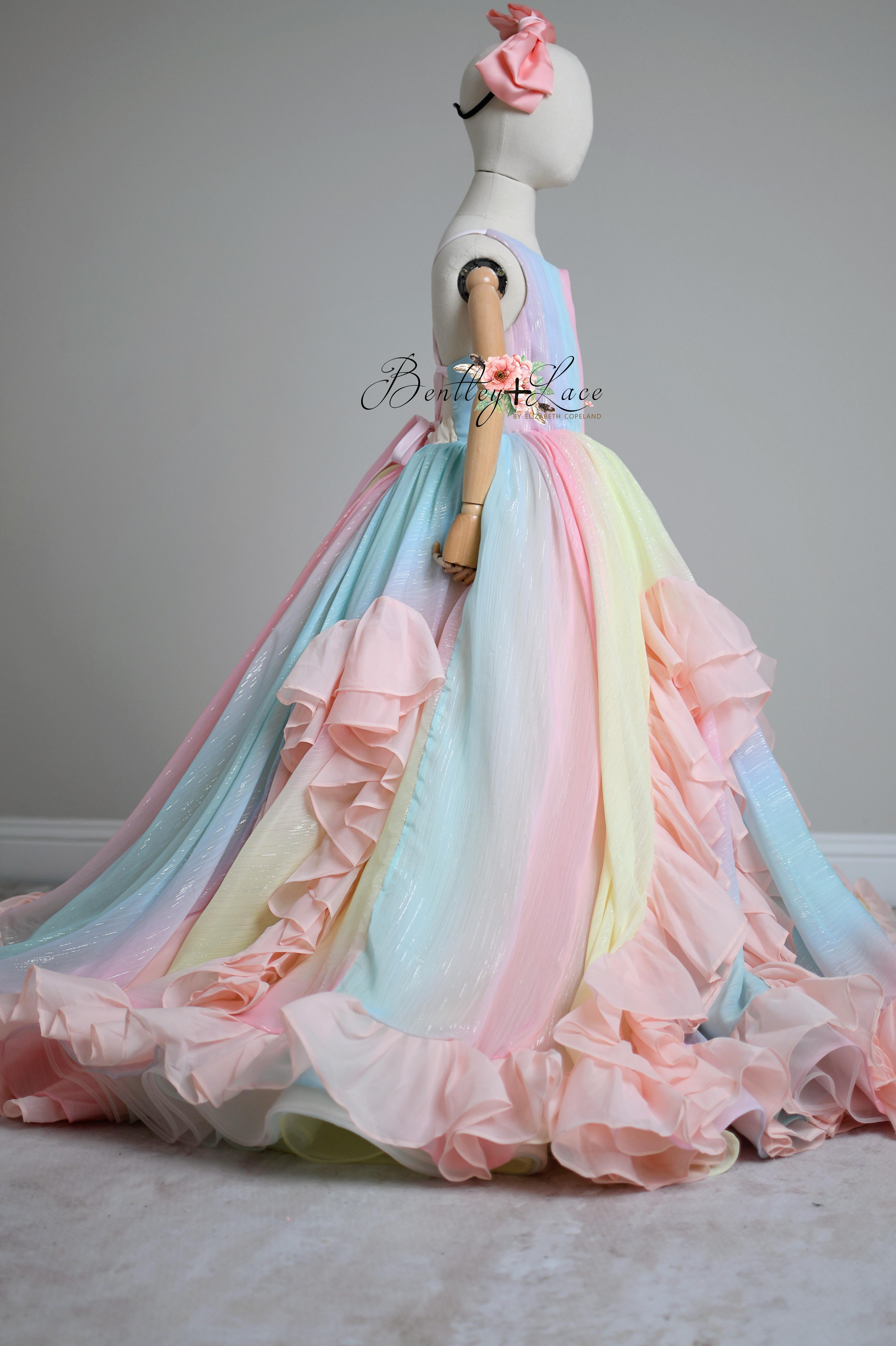 Couture Rental Gown "Petal Whispers" Pastel - Floor Length Dress NO petals ( 6 Year - Petite 8 Year)