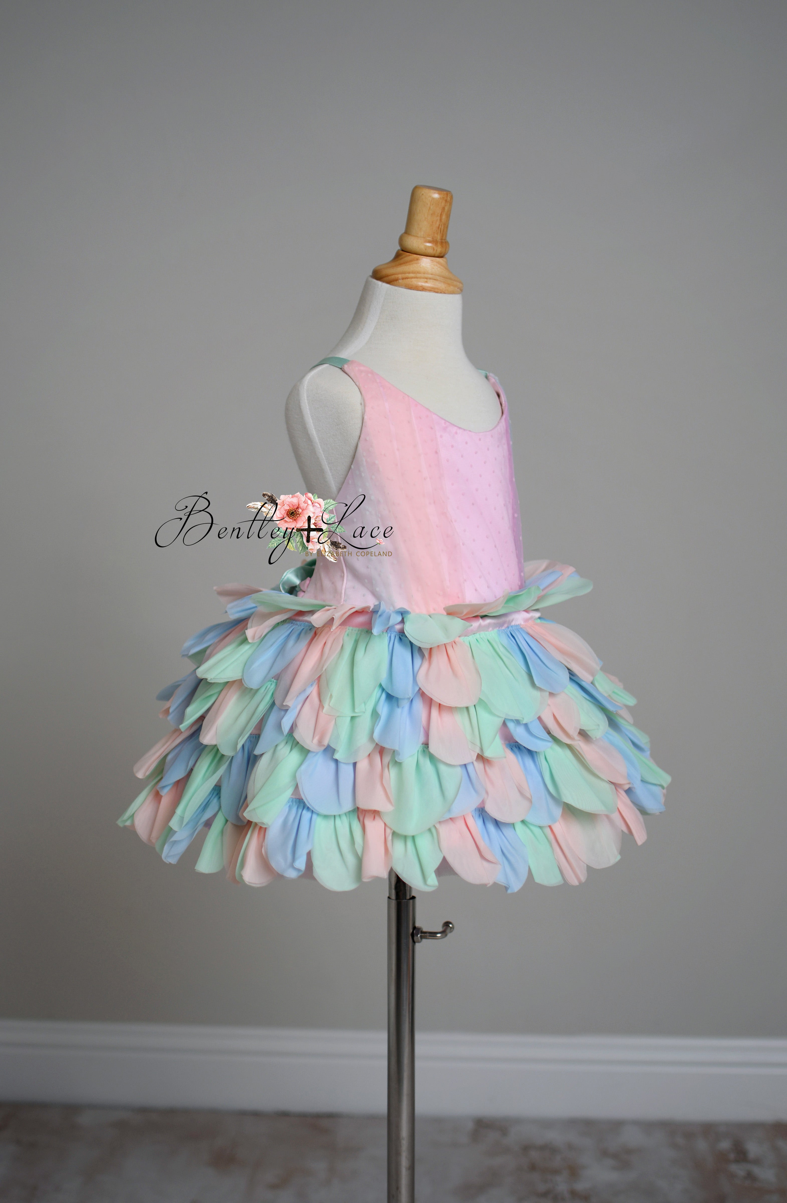 Couture Rental Gown "Petal Whispers" Pastel -  Petal Length Dress + Cape ( 2 Year - Petite 4 Year)