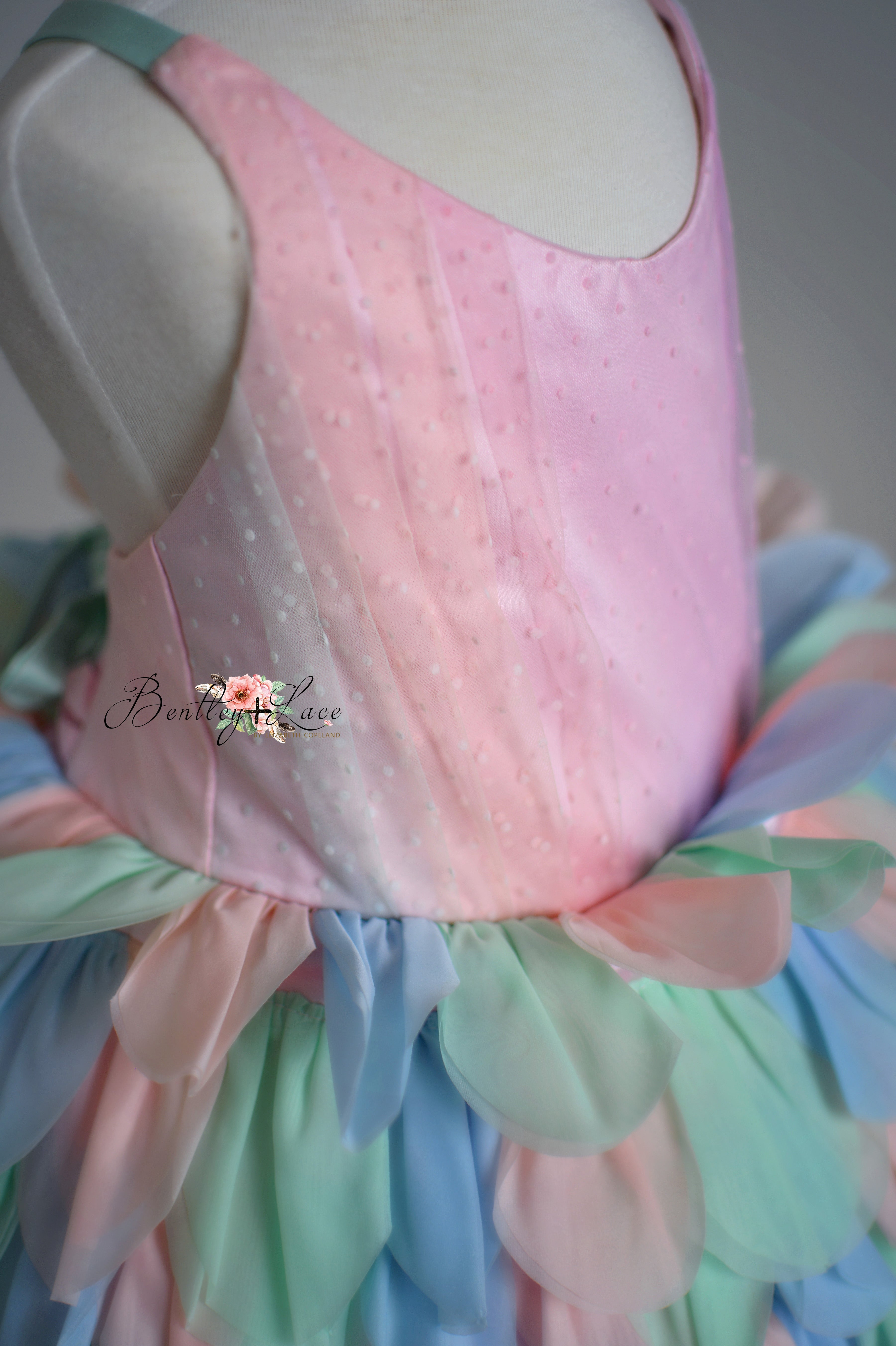 Couture Rental Gown "Petal Whispers" Pastel - Petal Length Dress + Cape ( 2 Year - Petite 4 Year)