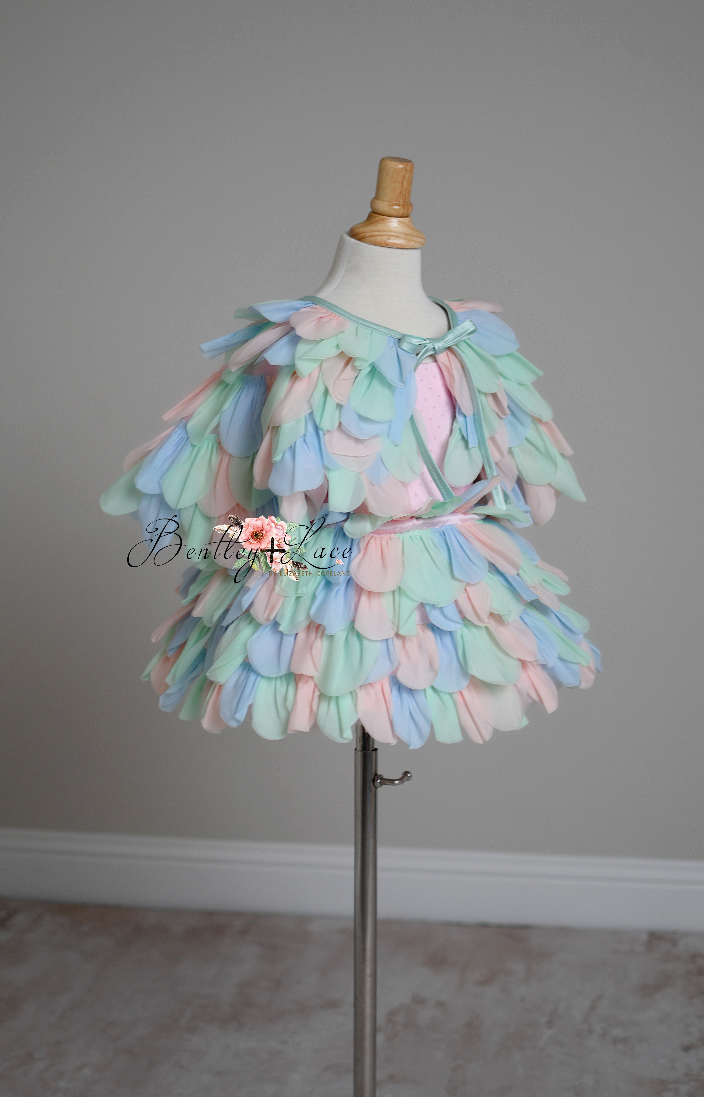 Couture Rental Gown "Petal Whispers" Pastel - Petal Length Dress + Cape ( 2 Year - Petite 4 Year)