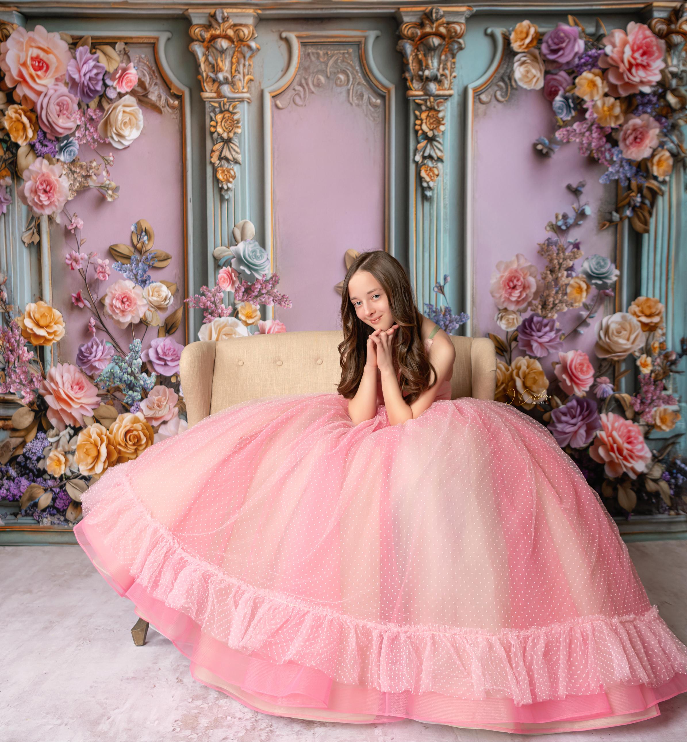 "Whimsical pastel gown with pink Swiss dot top and full flowing skirt"