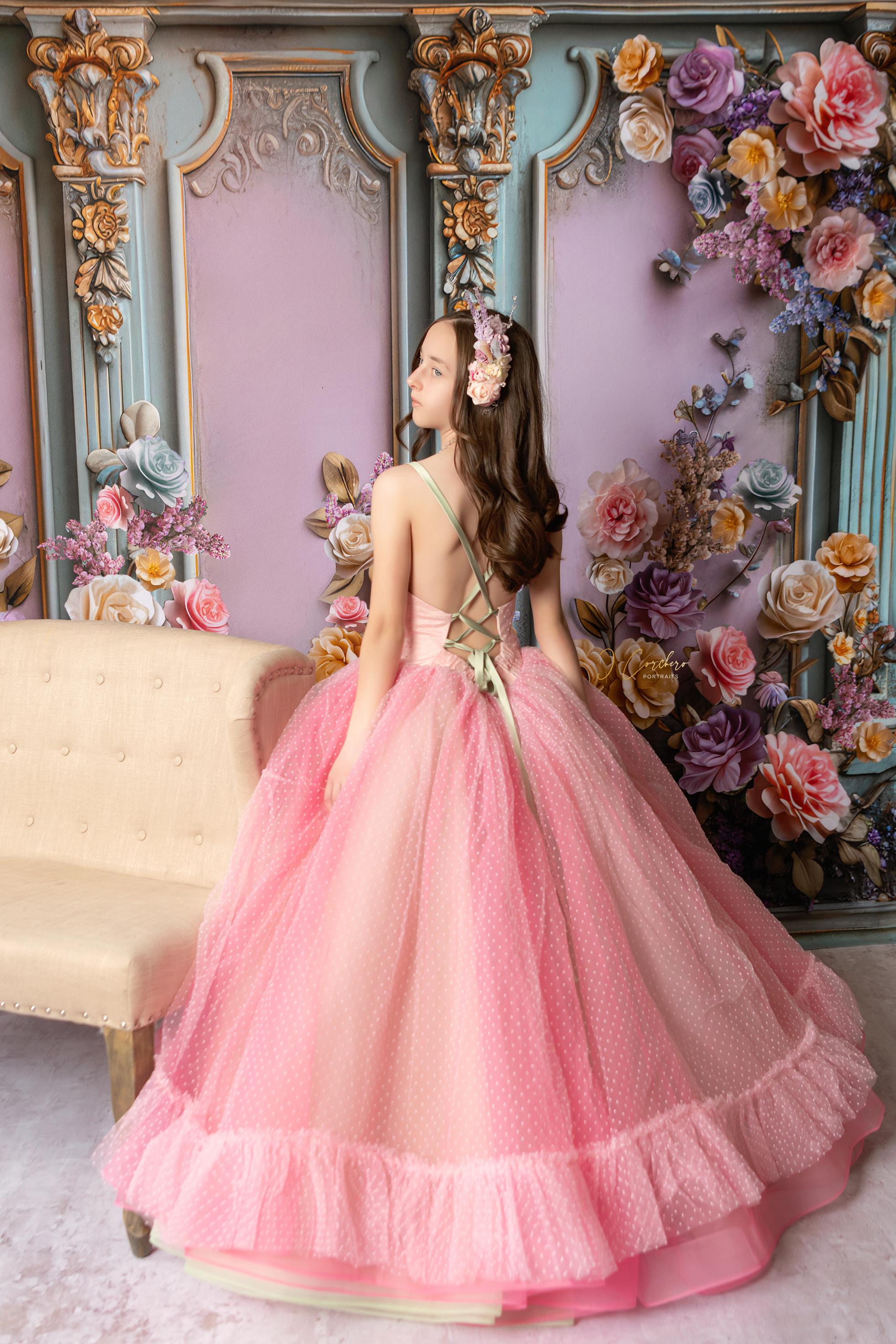"Swish Dot" Couture Pastel  Floor length gown  ( 8 Year - Petite 11 Year)
