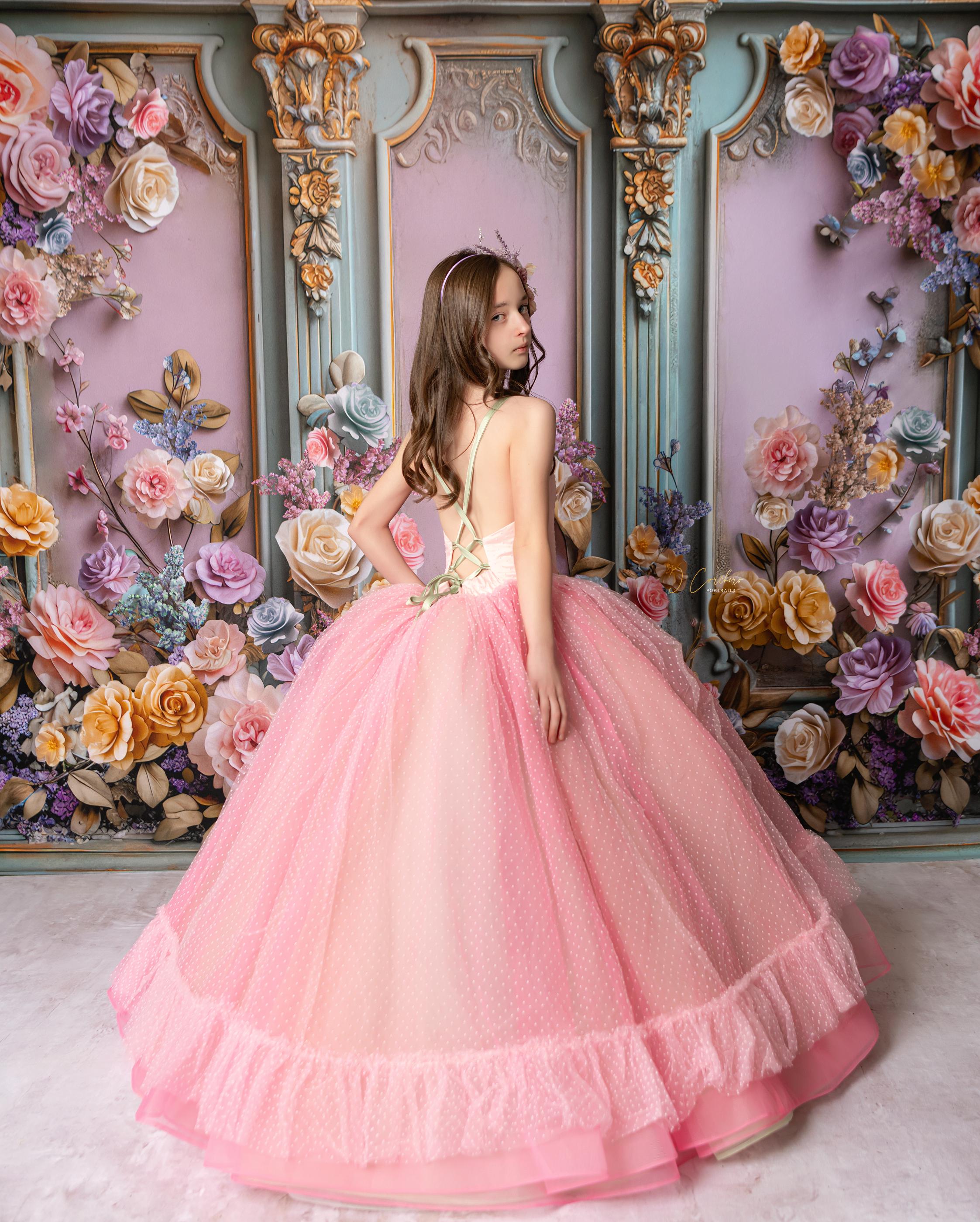"Swish Dot" Couture Pastel  Floor length gown  ( 8 Year - Petite 11 Year)