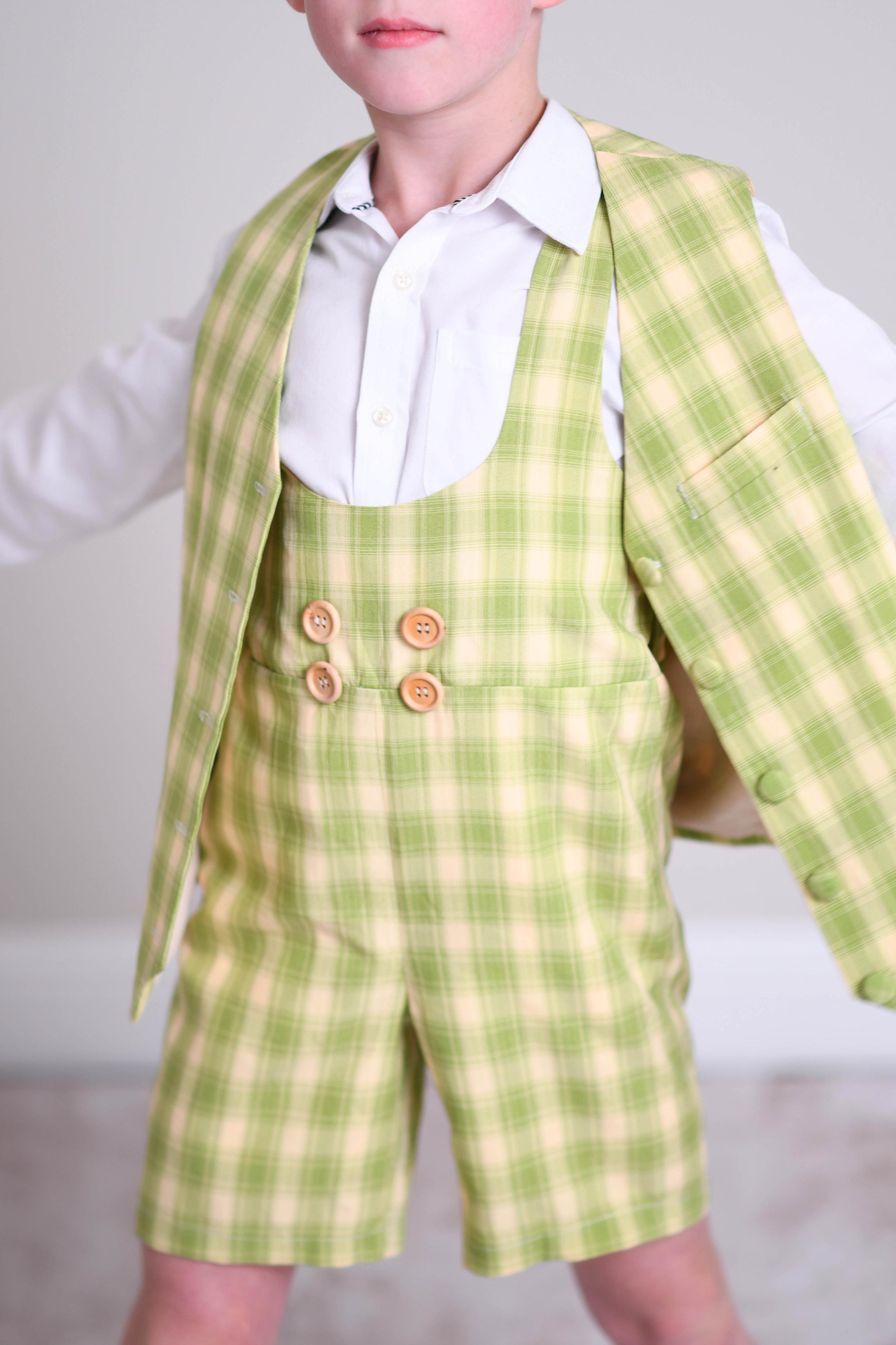 Dapper: Suspender Adventure Set-Includes 4 boys sets (2 pair of yellow plaid shorts/vest) + (2 pair of Green plaid shorts/vest )( 5 Year - Petite 9 Year)