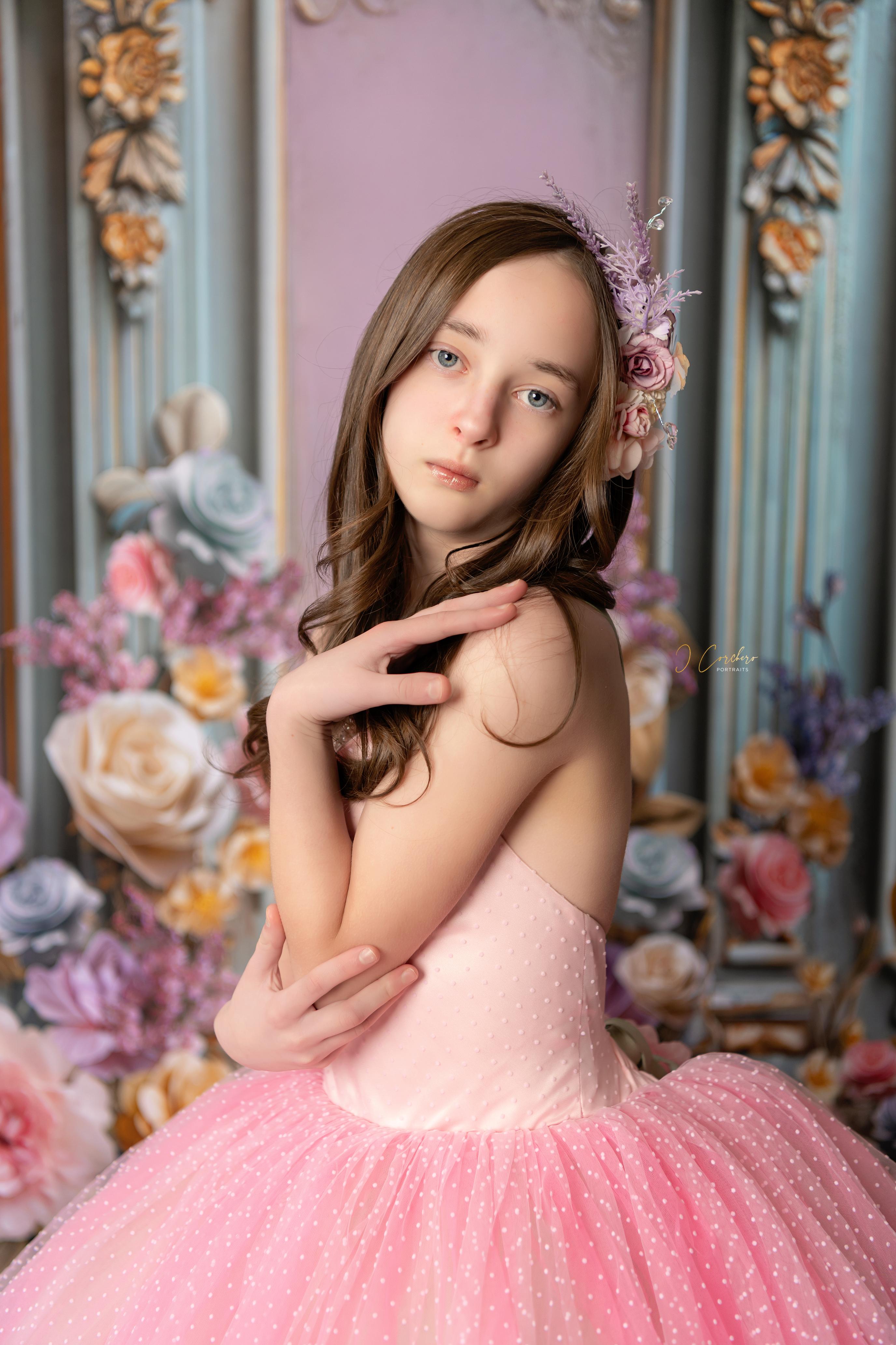 "Swish Dot" Couture Pastel  Floor length gown  ( 8 Year - Petite 11 Year)