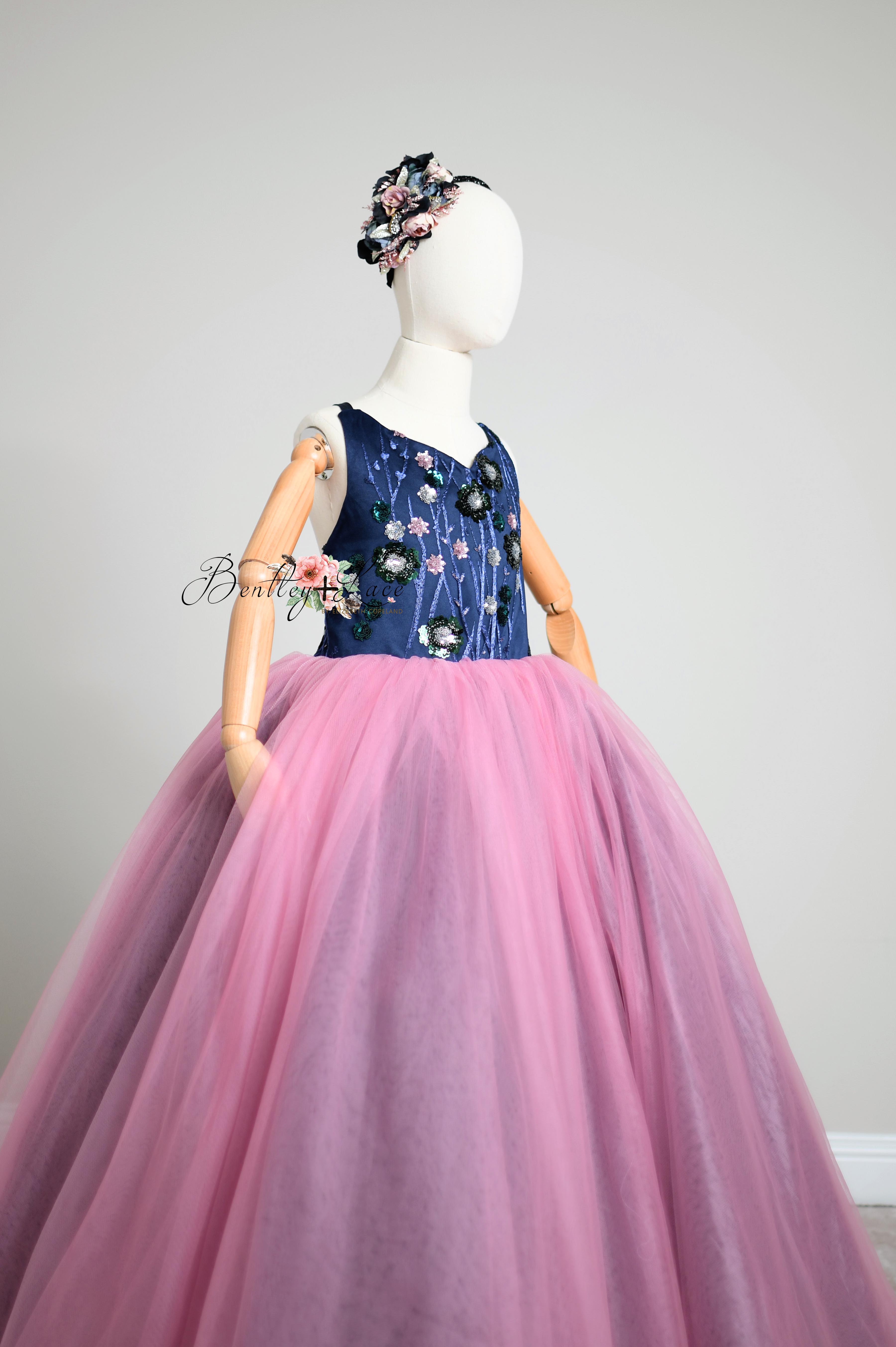 "Midnight Garden"- Floor length gown+detachable sequin skirt (9 year- 11 year)