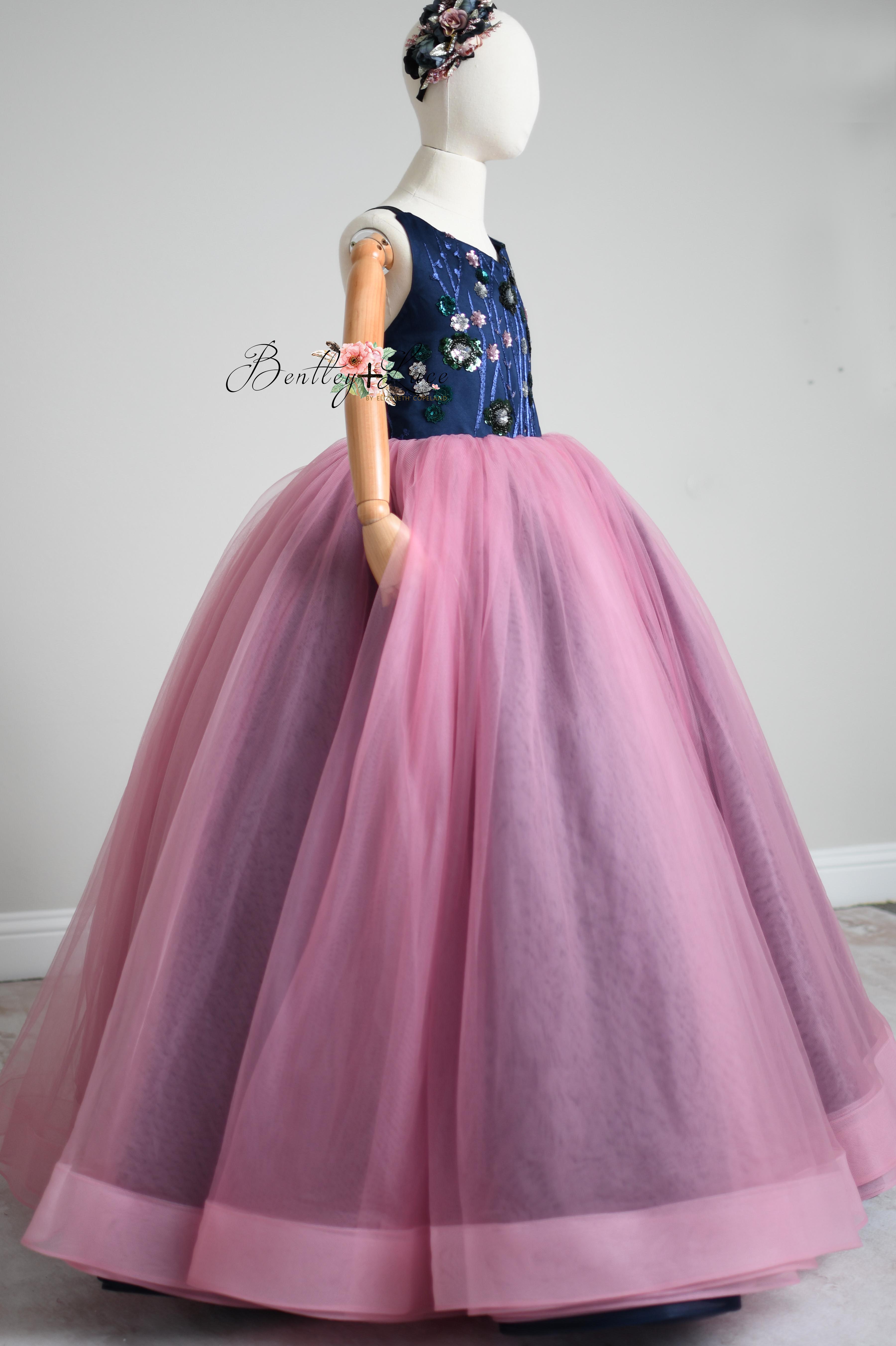 "Midnight Garden"- Floor length gown+detachable sequin skirt (9 year- 11 year)