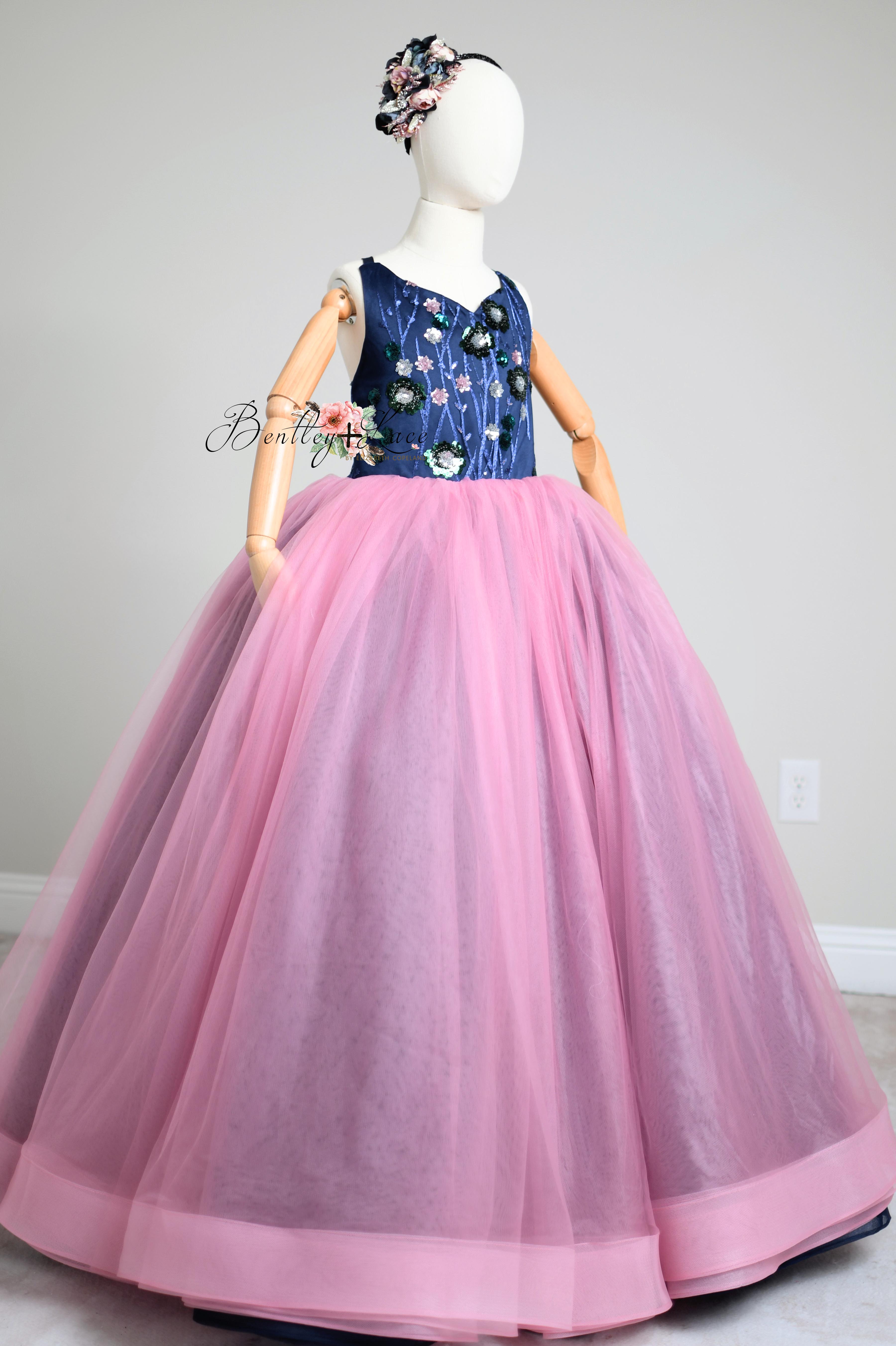 "Midnight Garden"- Floor length gown+detachable sequin skirt (9 year- 11 year)