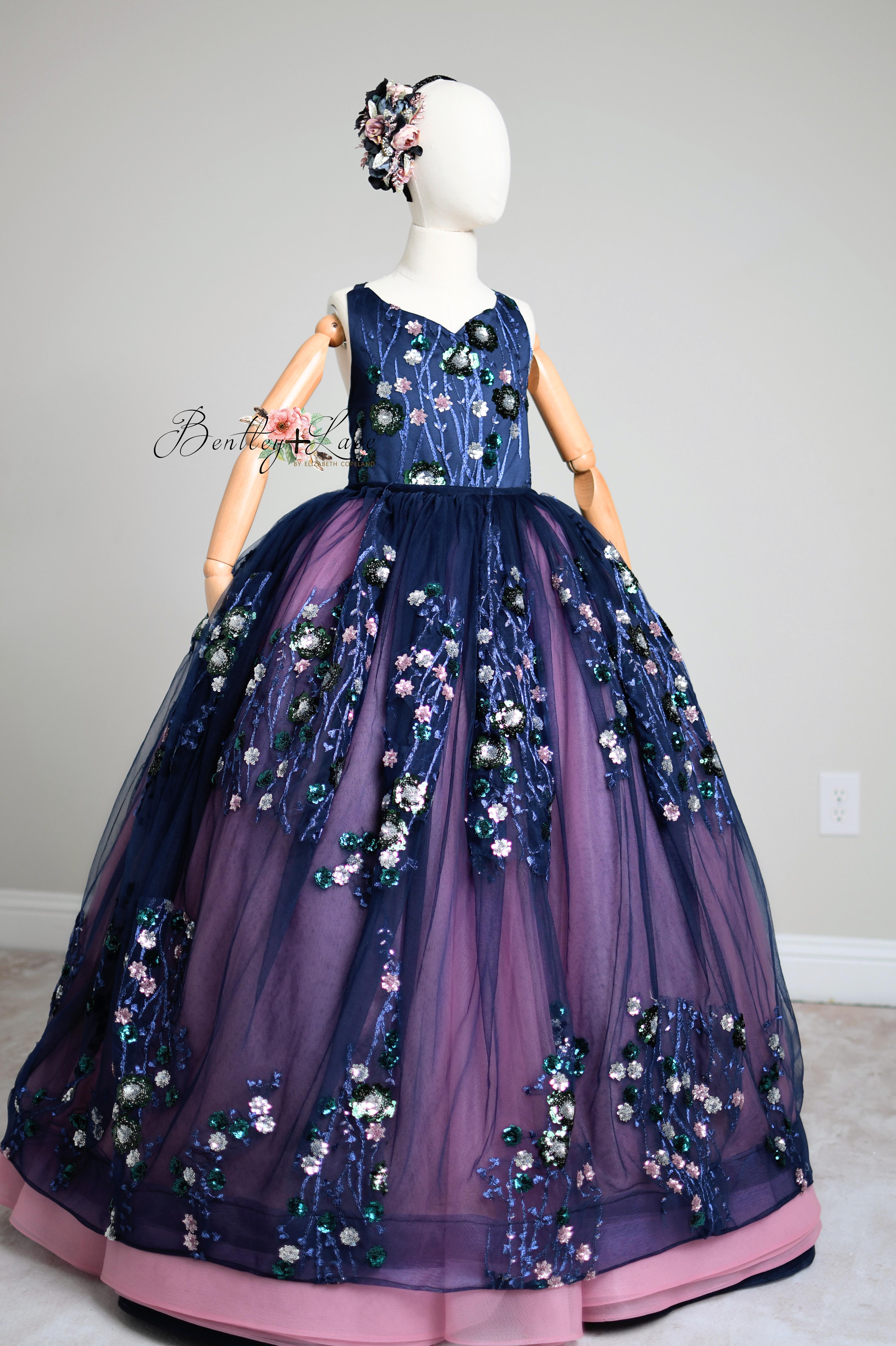 "Midnight Garden"- Floor length gown+detachable sequin skirt (9 year- 11 year)