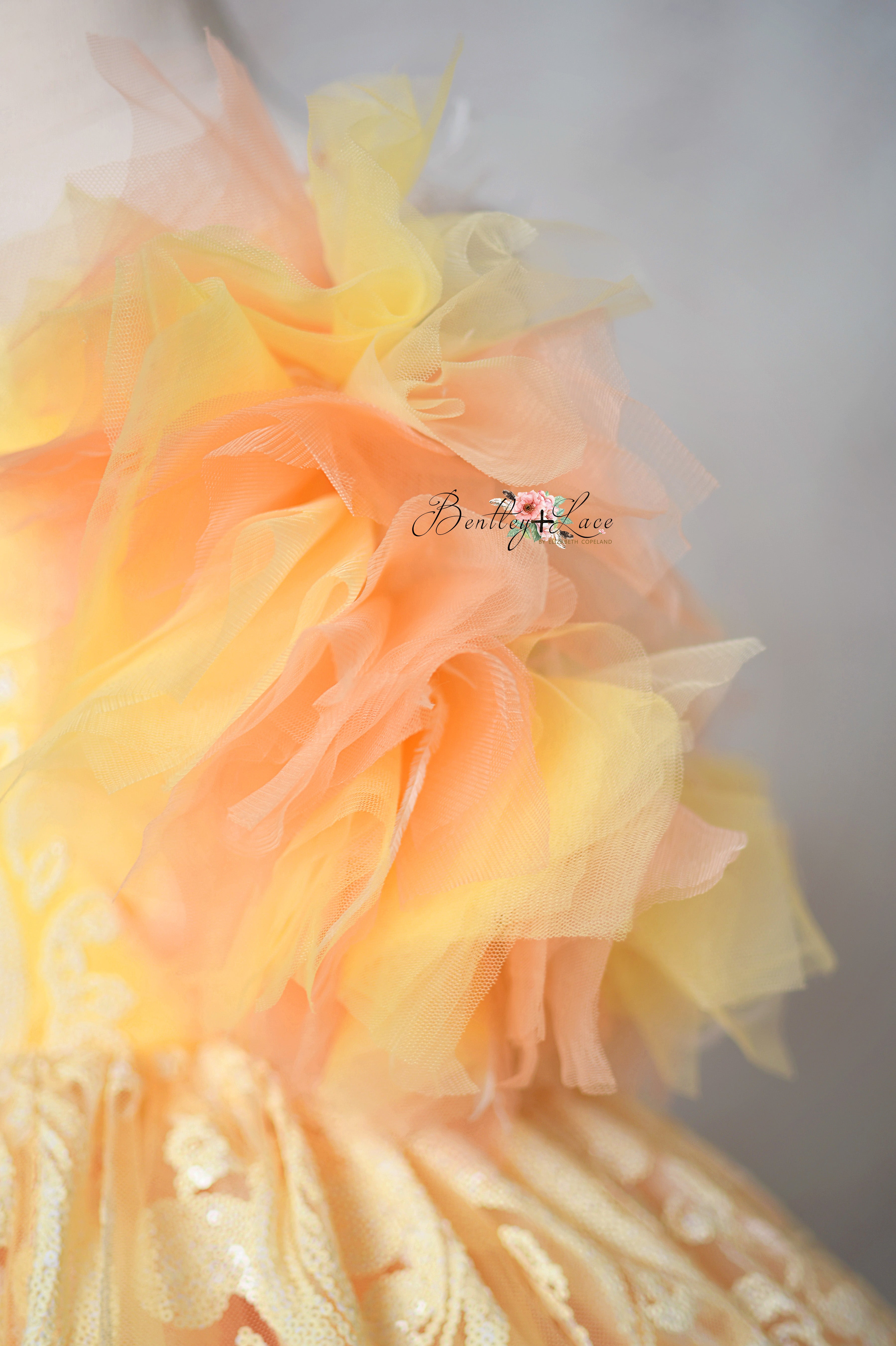 "Sugar Kisses" Coral+Yellow Floor-Length Dress with Detachable Ruffle Off-Shoulder Sleeves 7 Year - Petite 9 Year