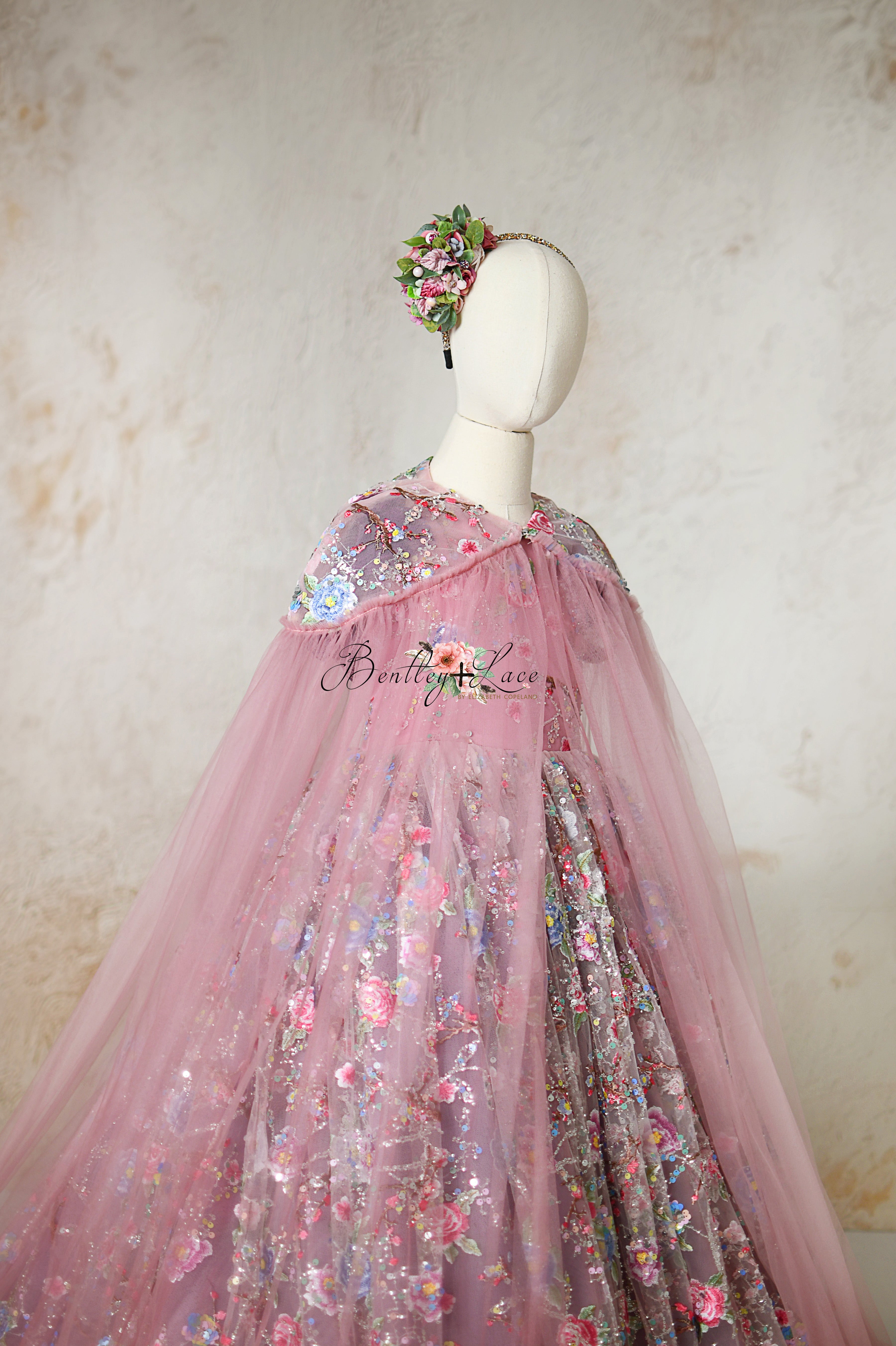 Handcrafted Floral Appliqués on a Soft Tulle Ballgown