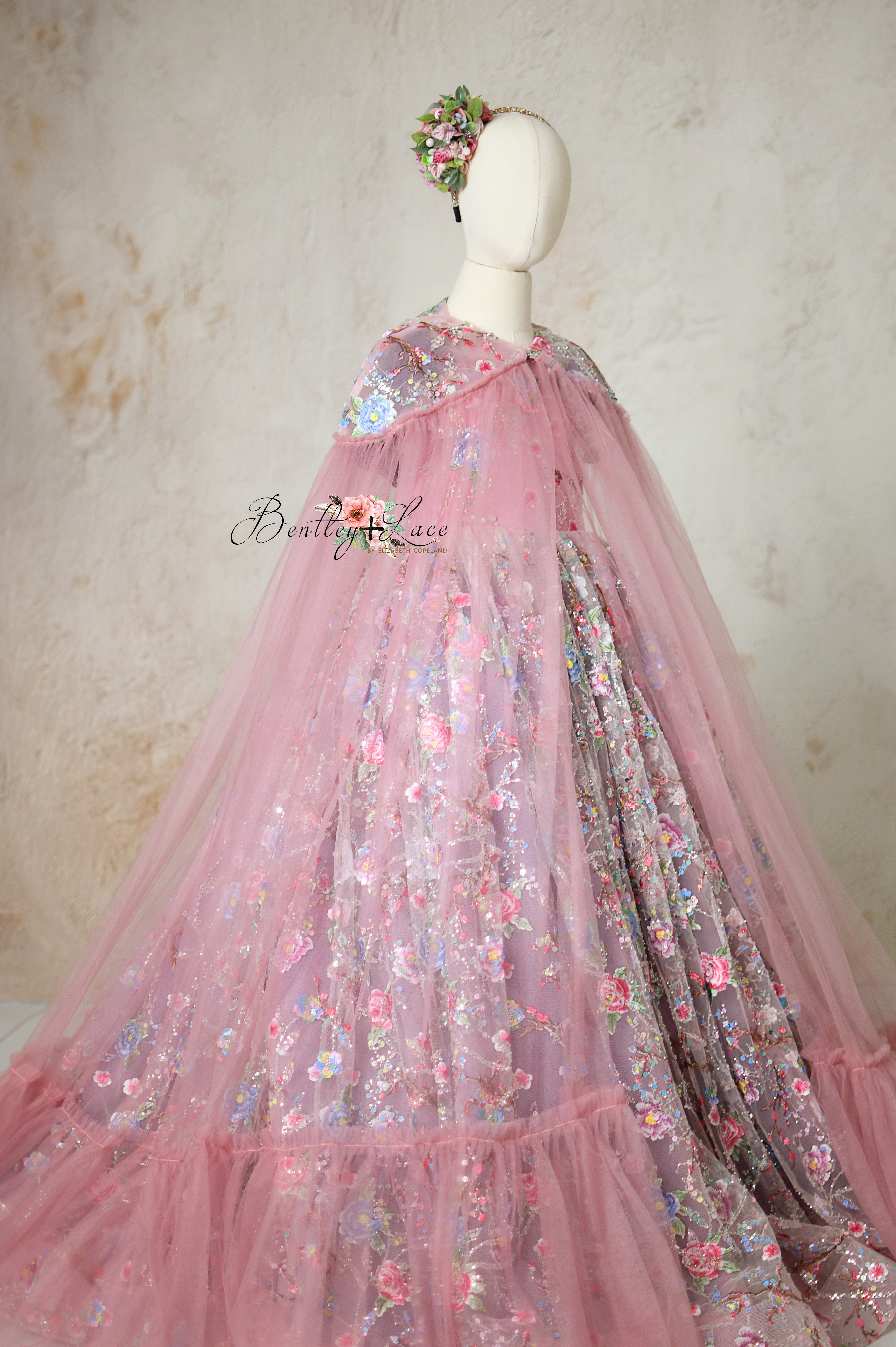 Floral Embroidered Dress with Detachable Cape
