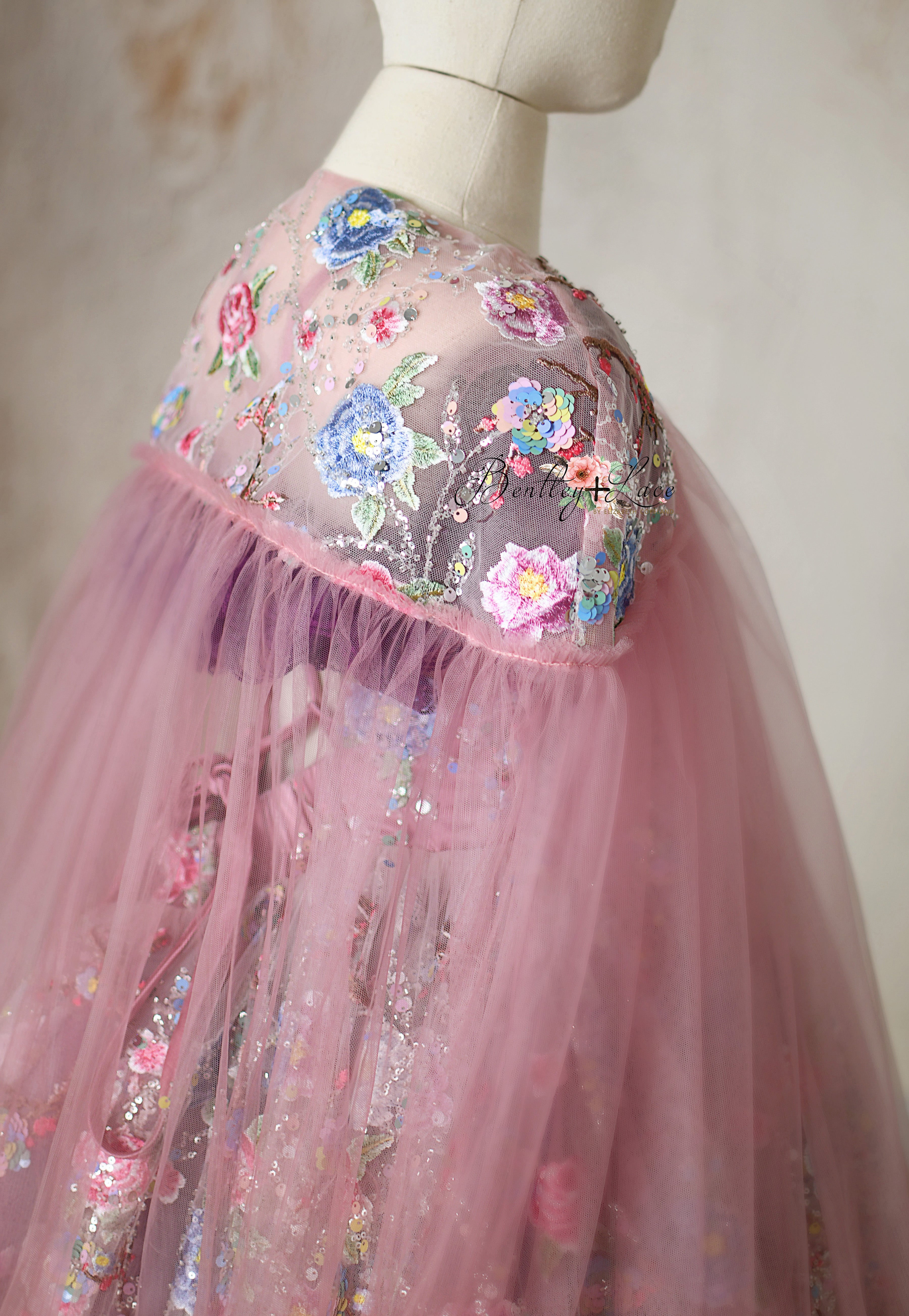 "Blush & Blossom Melody" Floor Length Gown + Detachable tulle cape (8 Year - 9 Year)