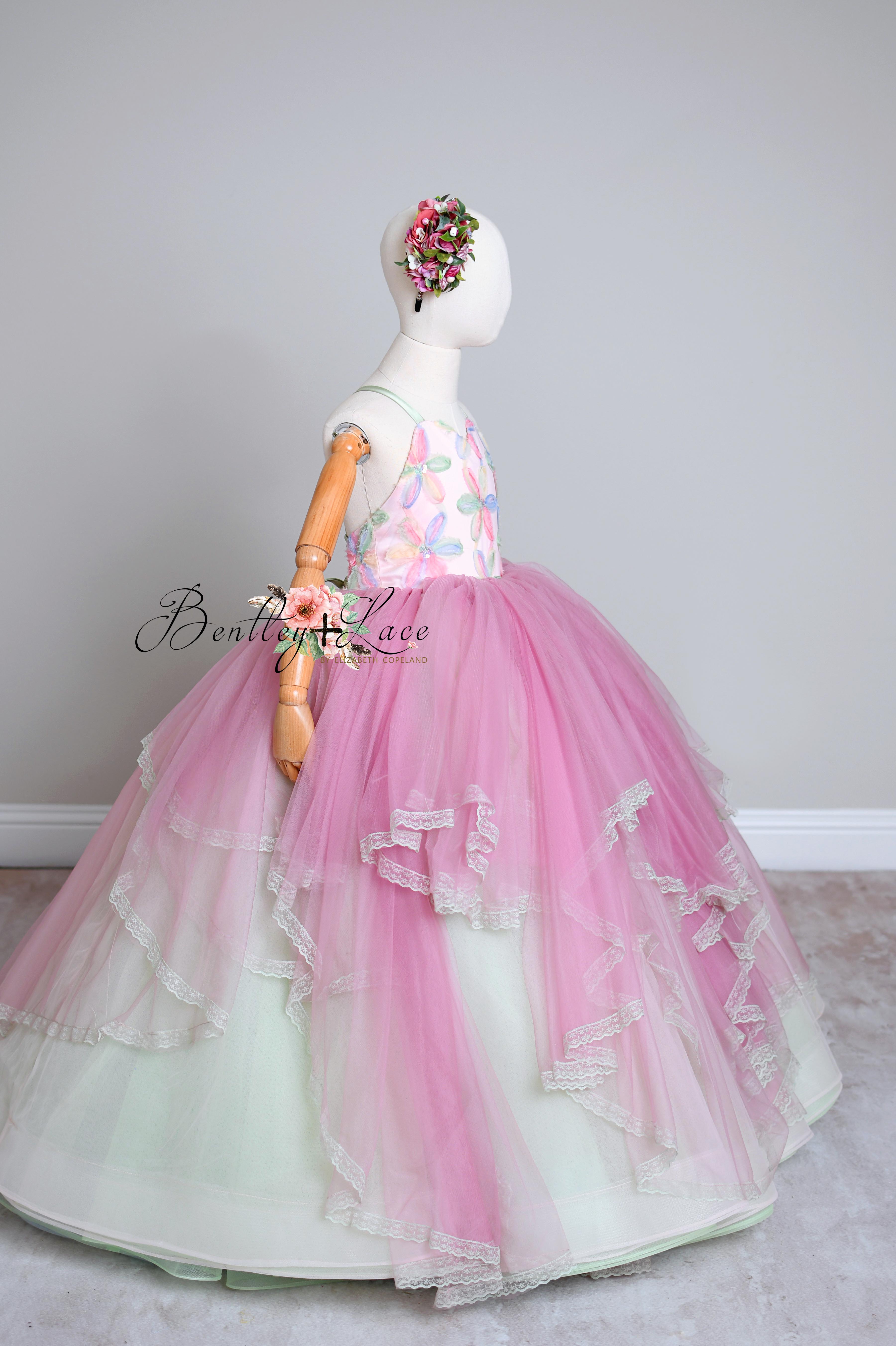 "Sun-kissed Petals" Couture Cascades Floor length gown -Cape included (6 Year - Petite 8 Year)
