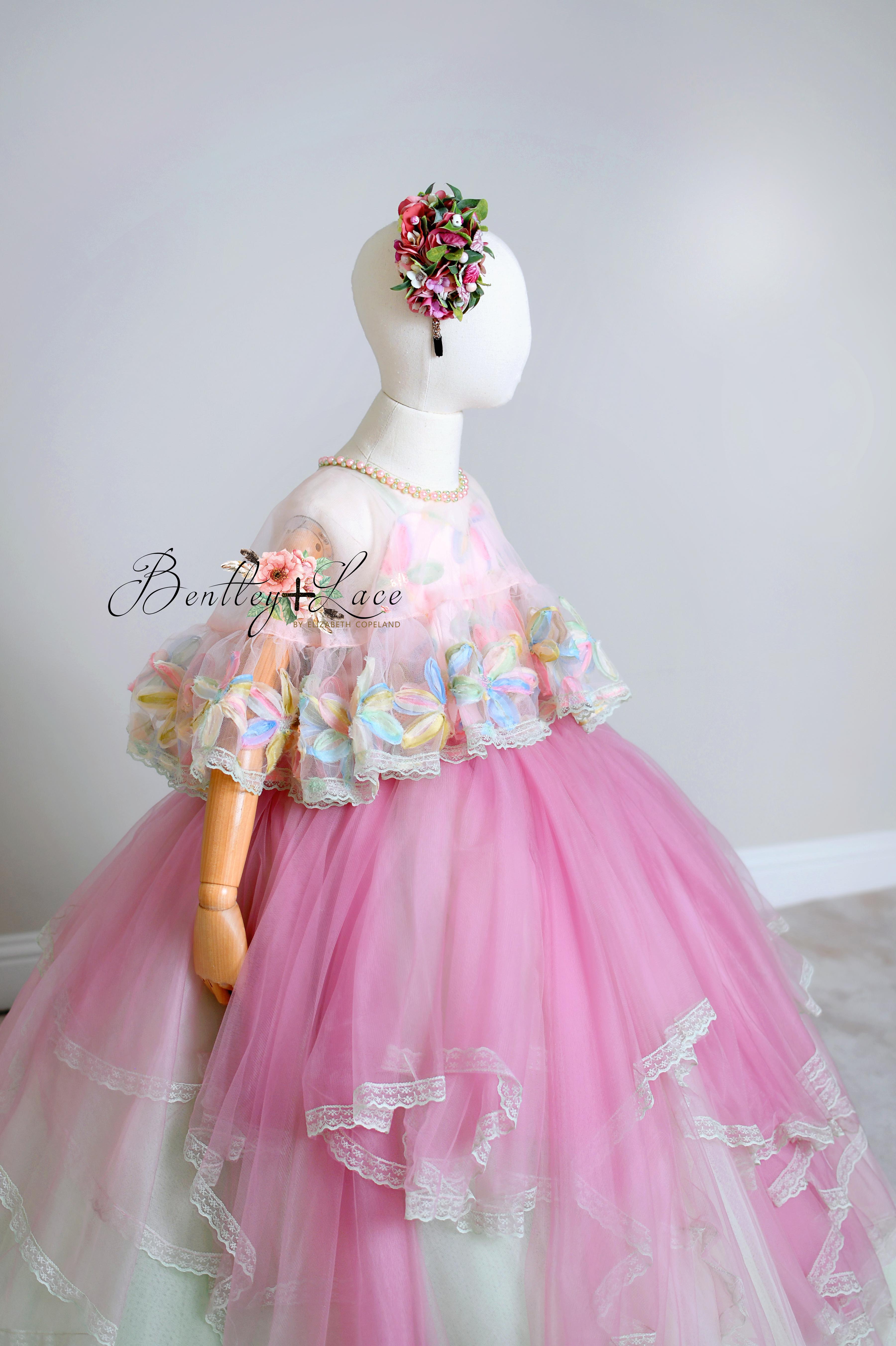 "Sun-kissed Petals" Couture Cascades Floor length gown -Cape included (6 Year - Petite 8 Year)