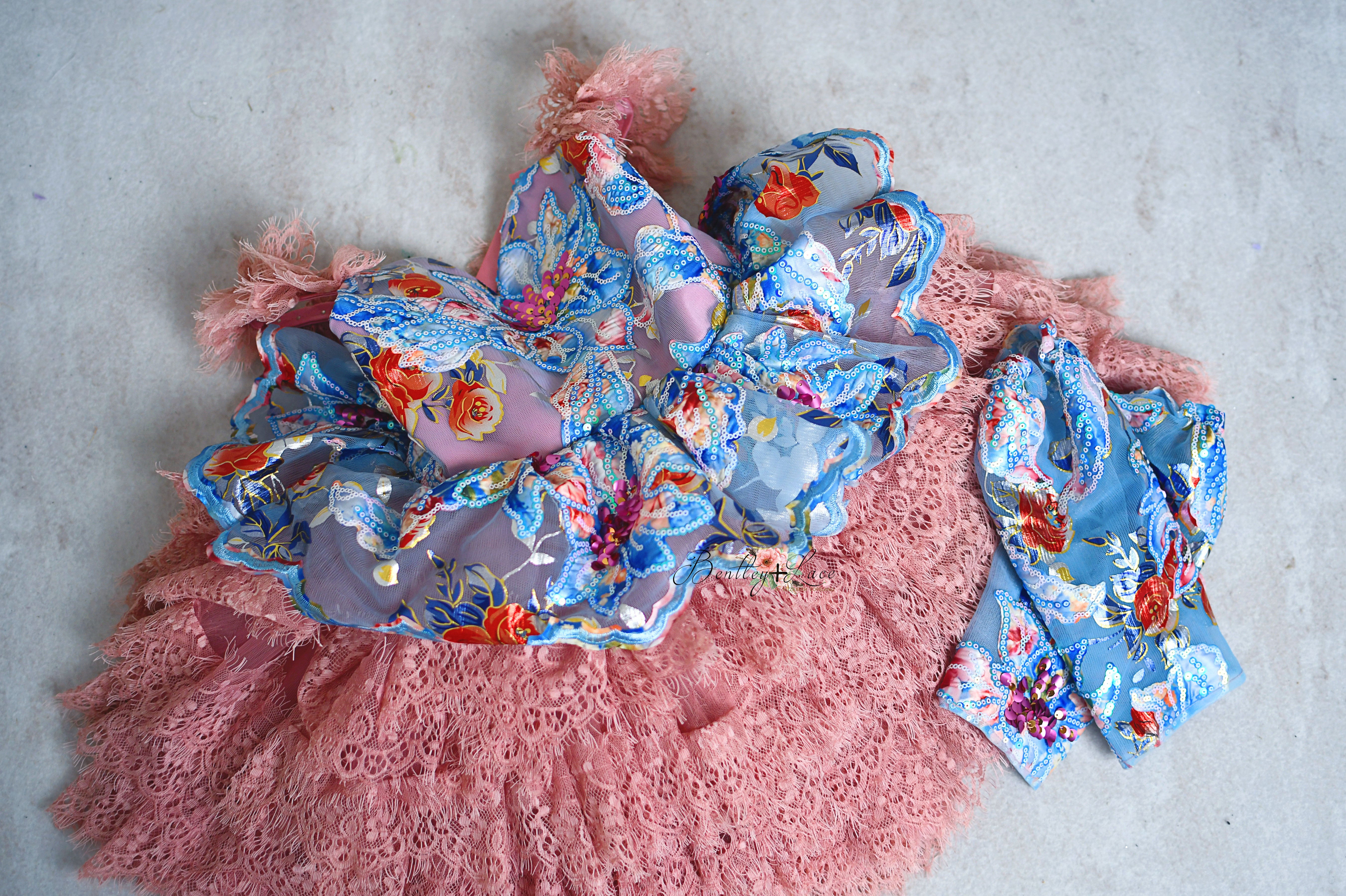 "Ocean Breeze" -Blue Detachable sleeves/leggies + Petal Length Gown - (3-5 year)