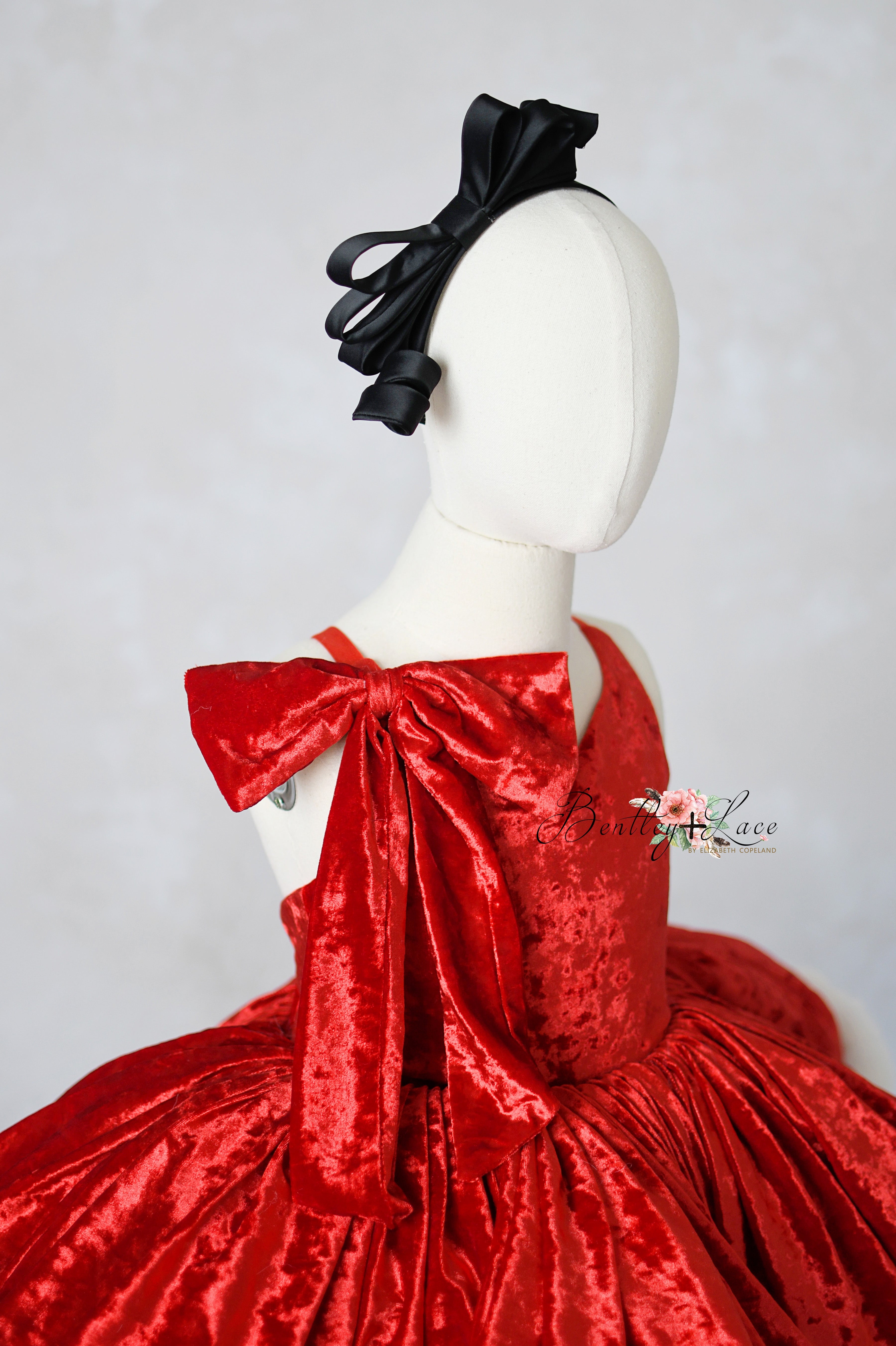 Detailed shot of faux fur trim and velvet fabric on holiday gown