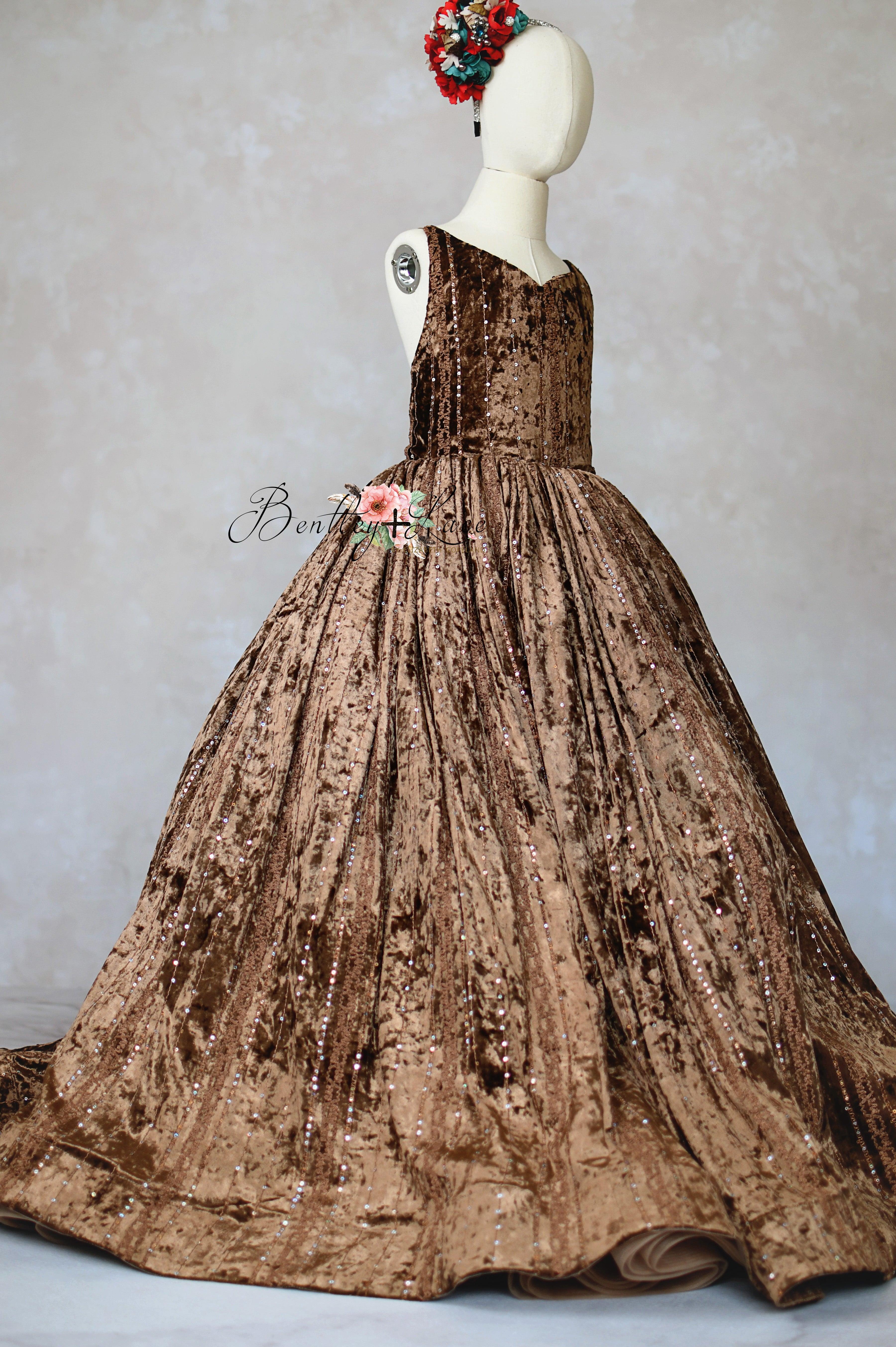 Detailed shot of the intricate lace and sequin embellishments on the bodice.