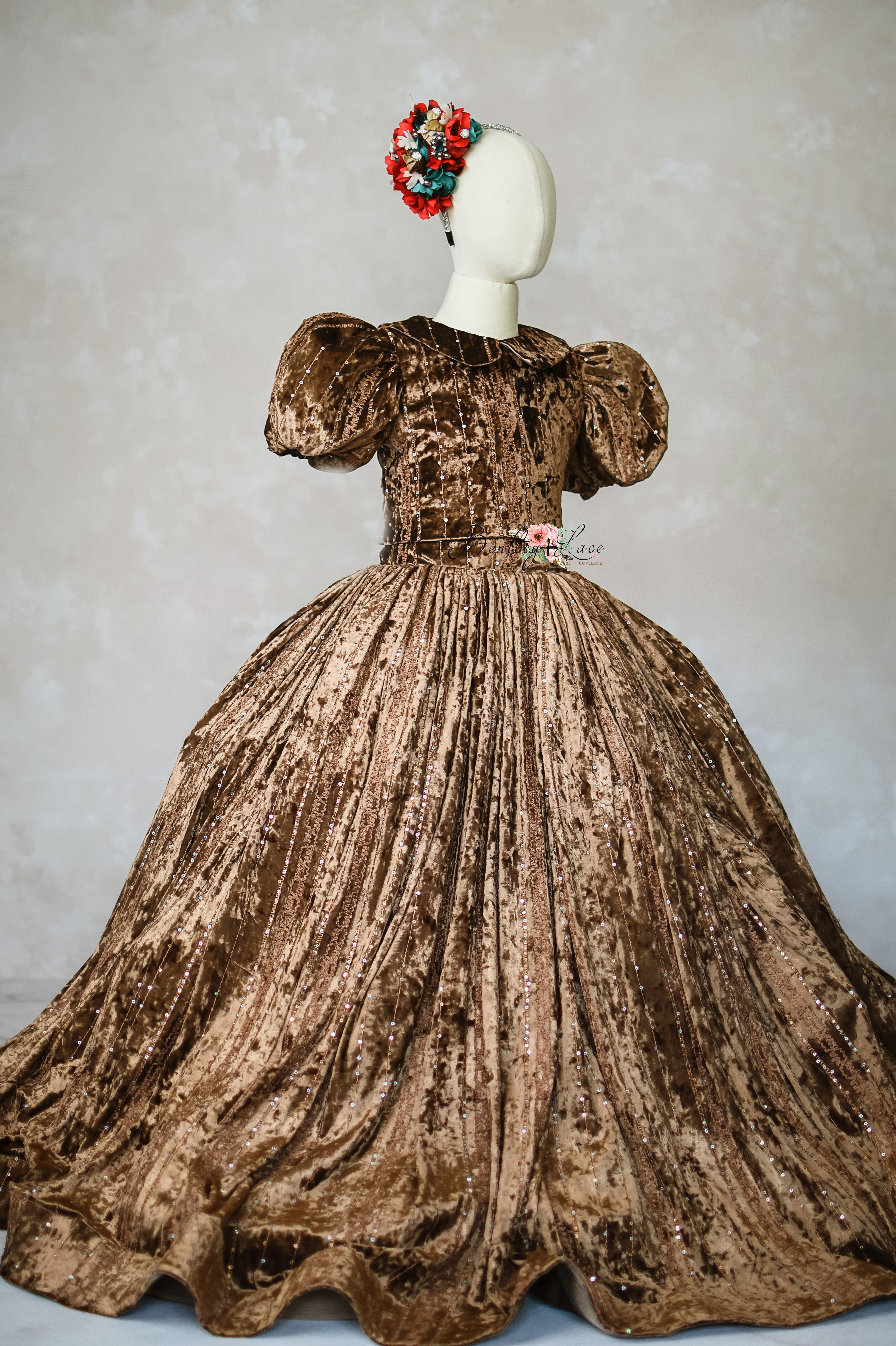 Close-up of the rich brown velvet fabric highlighting the soft texture and subtle sheen.