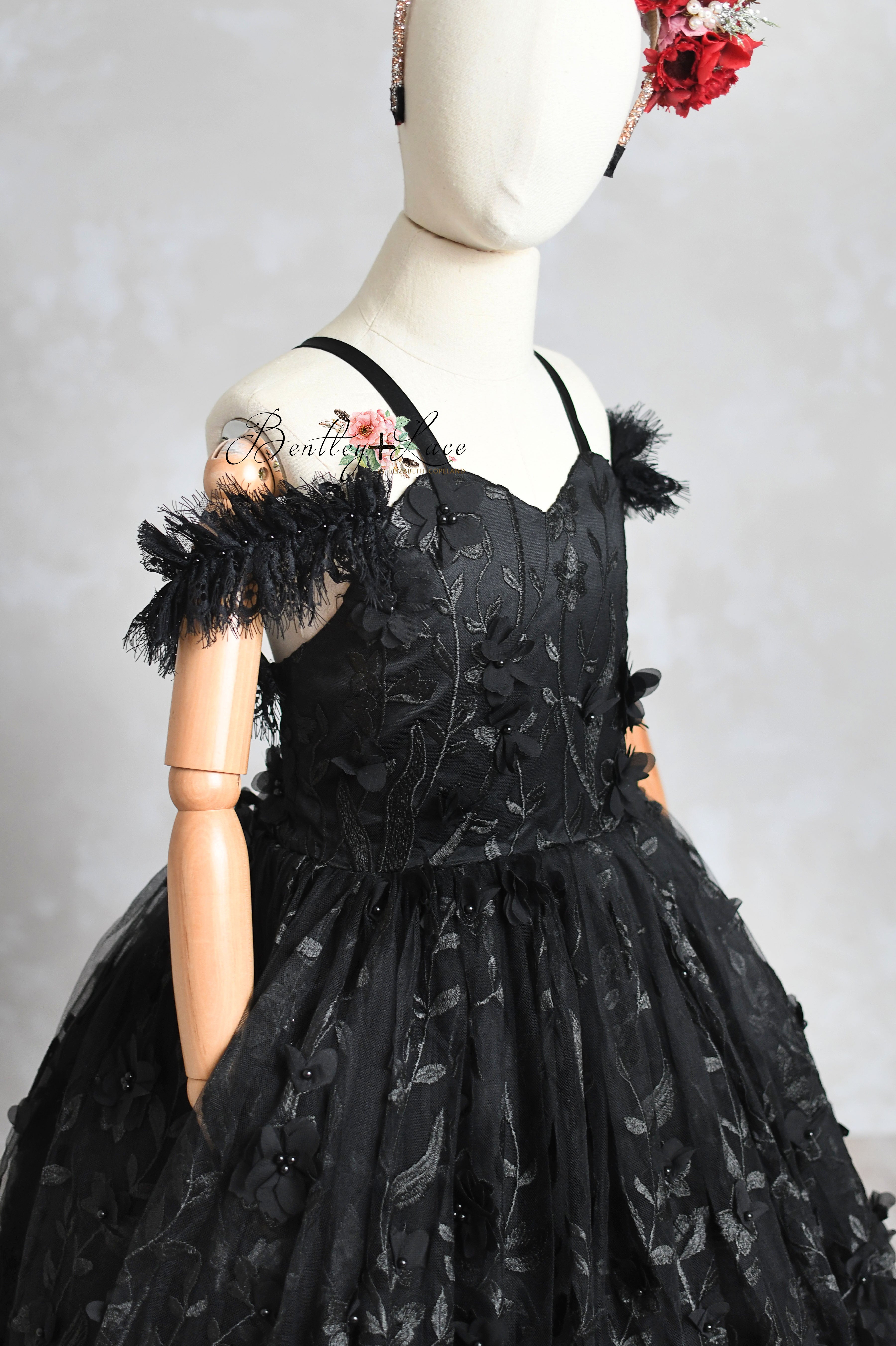 "Heavenly" Black Couture Rental Gown | Floor-Length Dress for Size 6 Years - Petite 7 Years