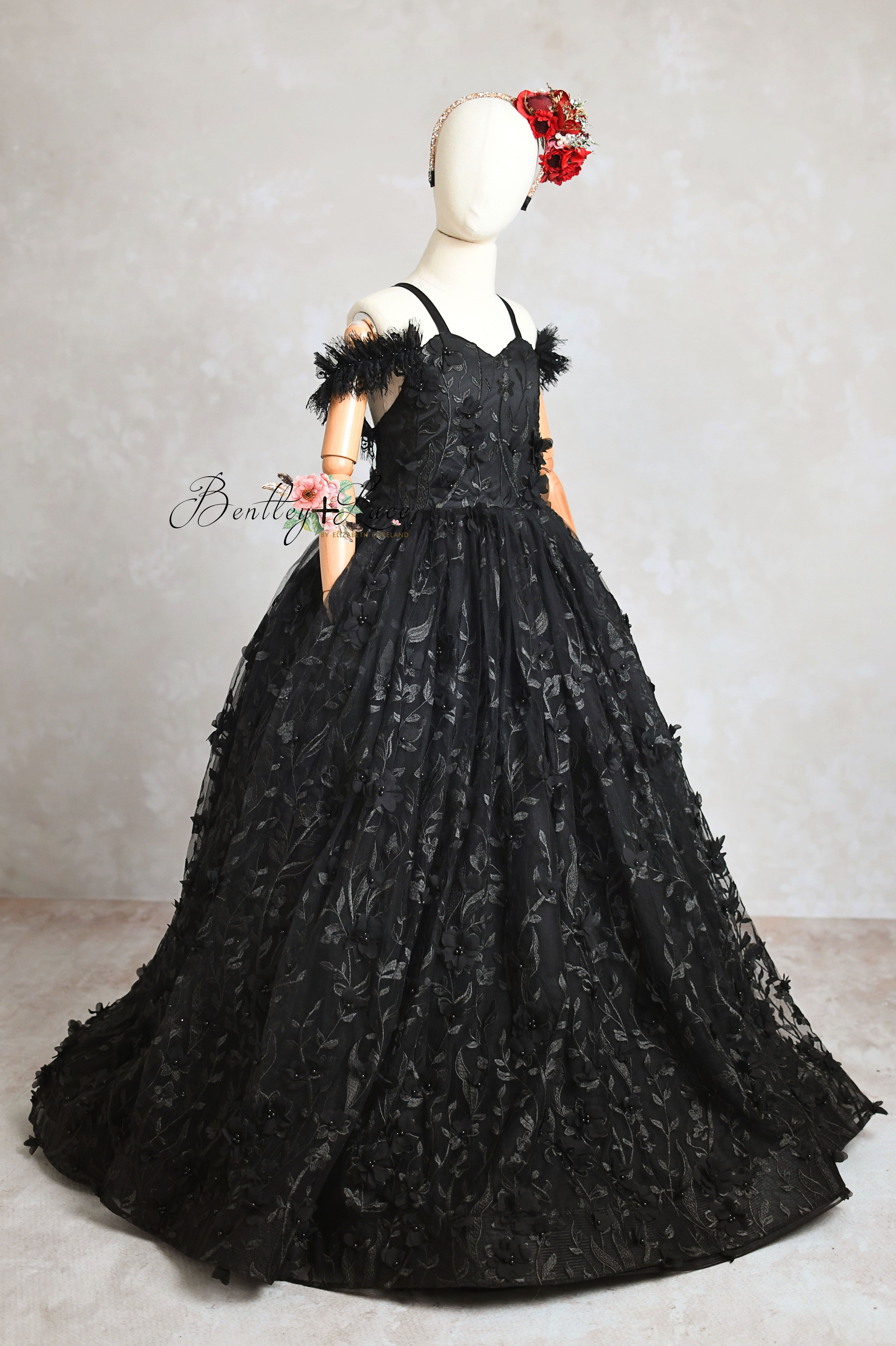 "Heavenly" Black Couture Rental Gown | Floor-Length Dress for Size 6 Years - Petite 7 Years