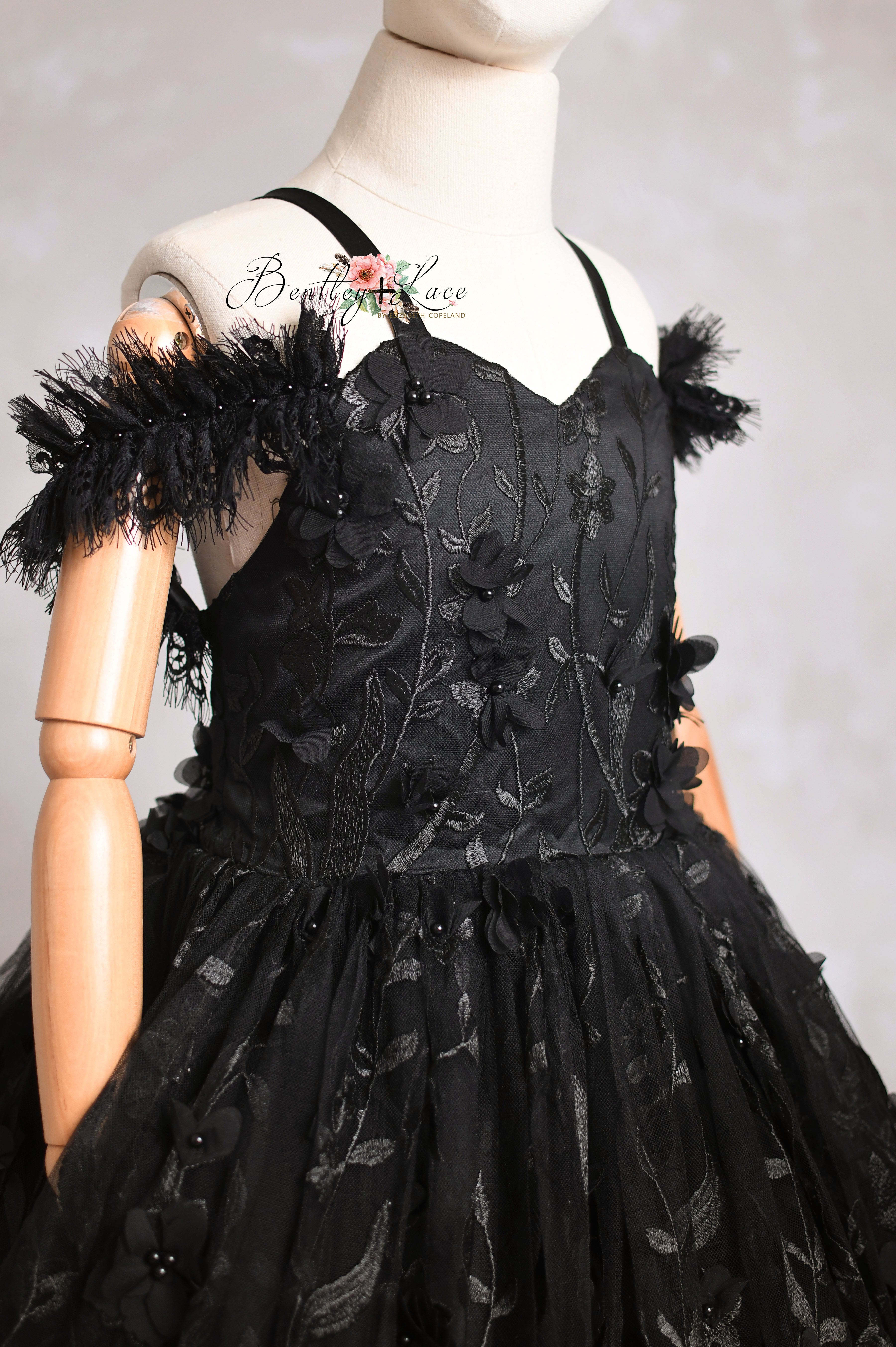 "Heavenly" Black Couture Rental Gown | Floor-Length Dress for Size 6 Years - Petite 7 Years